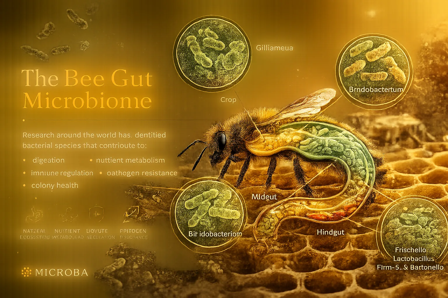 Scientific diagram of the honey bee digestive tract and gut microbiome