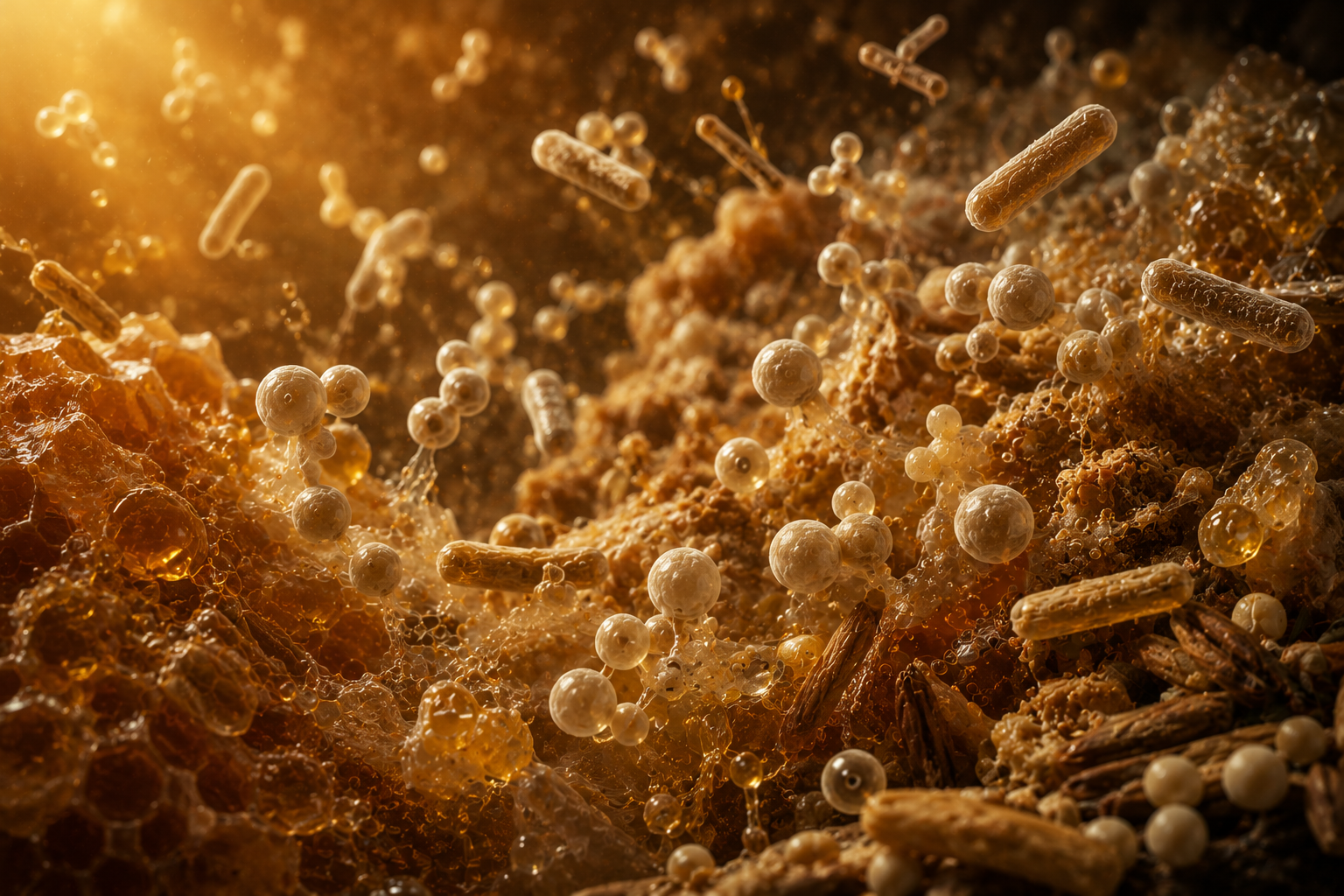 Artistic microscopic view of microorganisms involved in fermentation