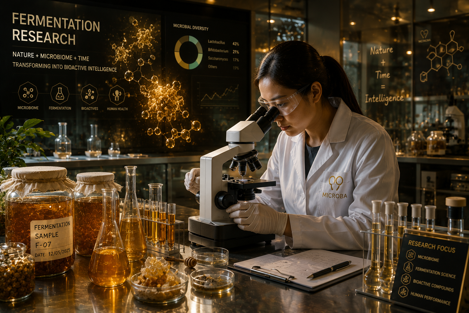 Researcher studying fermentation samples in a laboratory