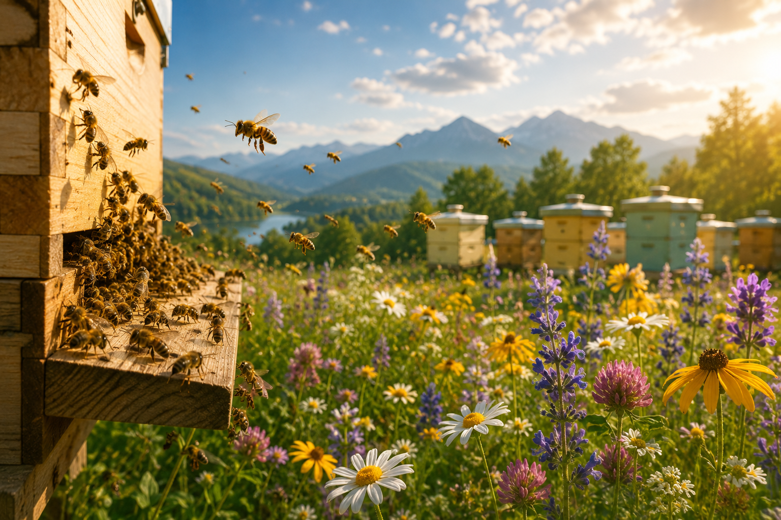 Healthy honey bee colonies beside a diverse wildflower meadow and mountain landscape