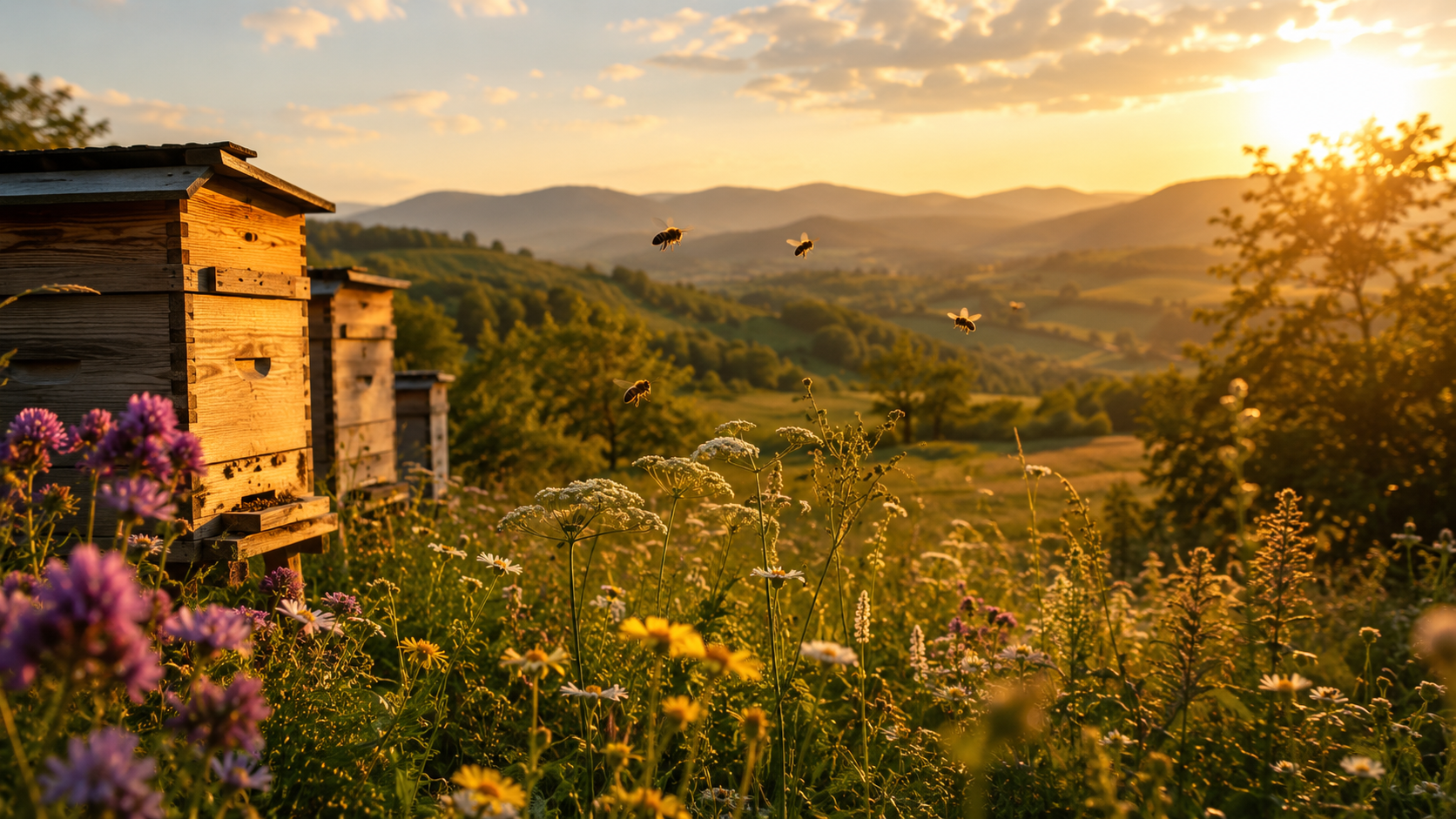 Beehives and bees in a flowering landscape at golden hour