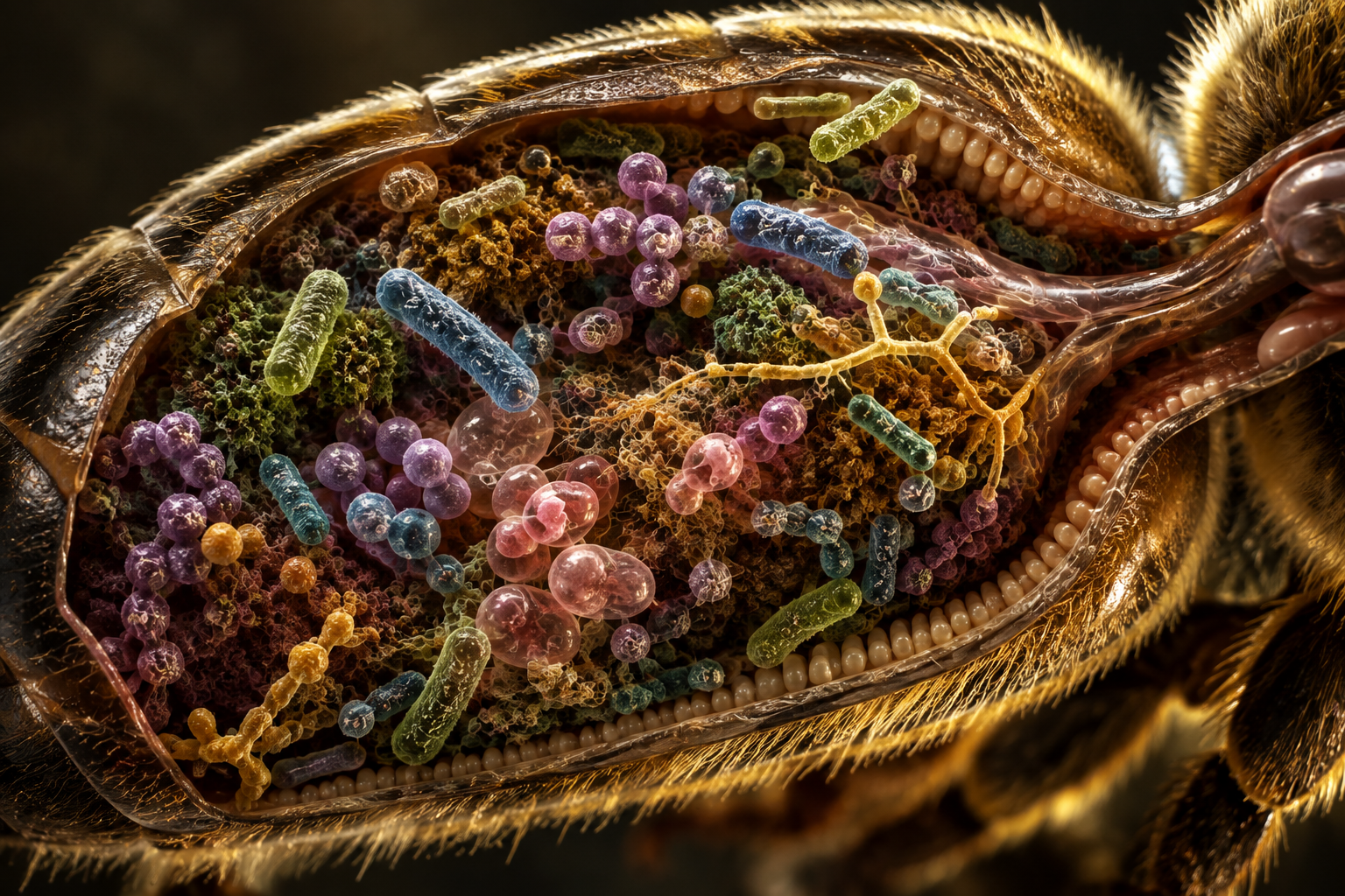 Illustrative close-up of microorganisms living inside a honey bee digestive tract