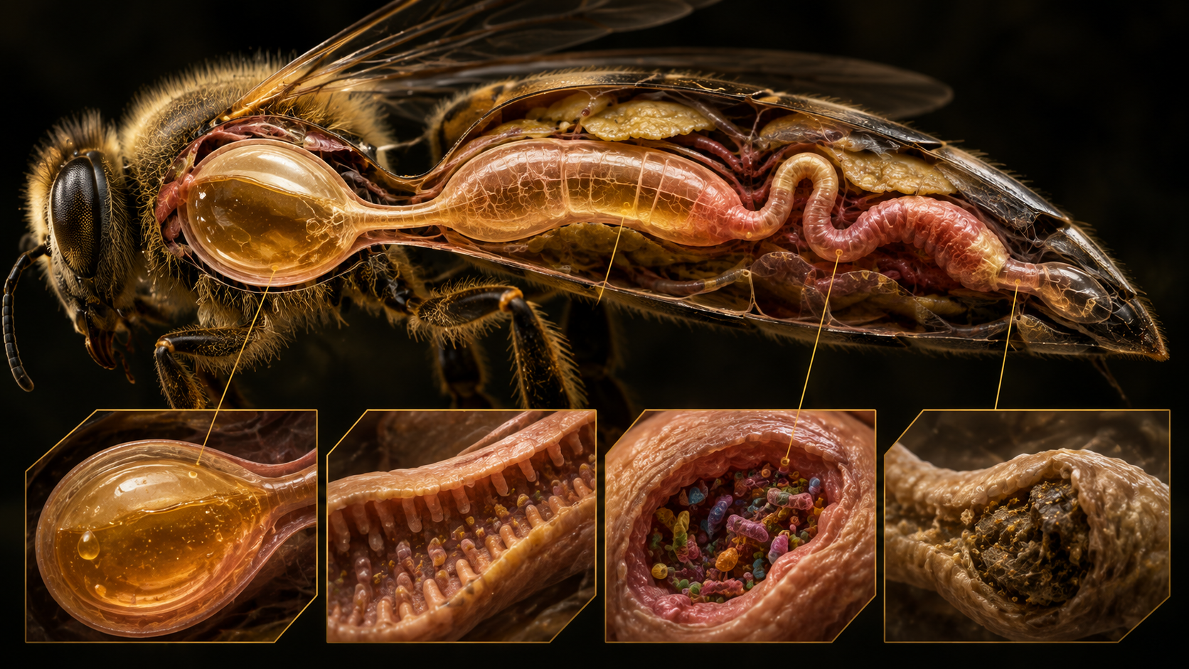 Illustrative cutaway map of a honey bee digestive tract with four magnified gut regions