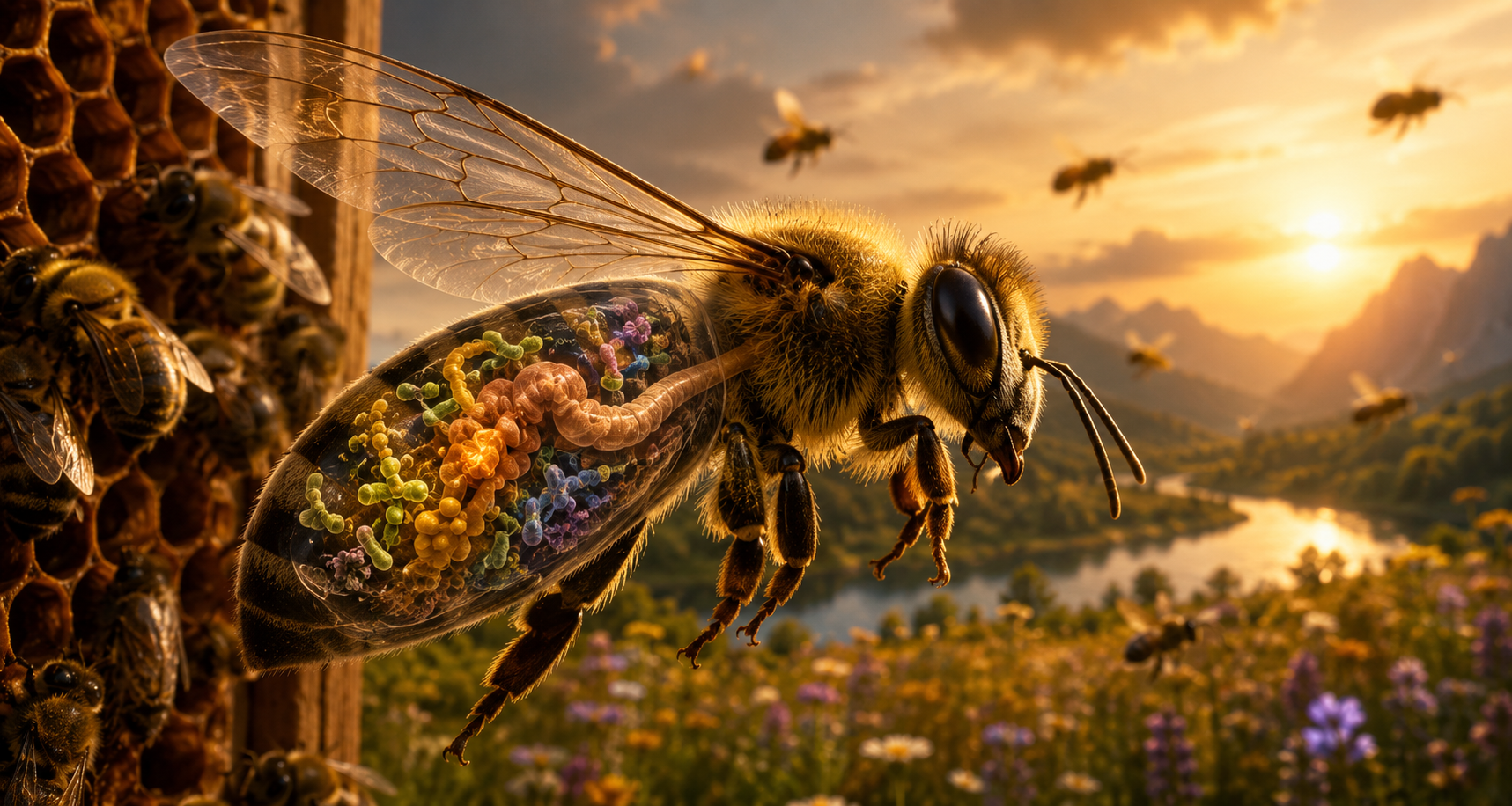 A cinematic honey bee with an illustrative transparent abdomen revealing its gut and microbial ecosystem