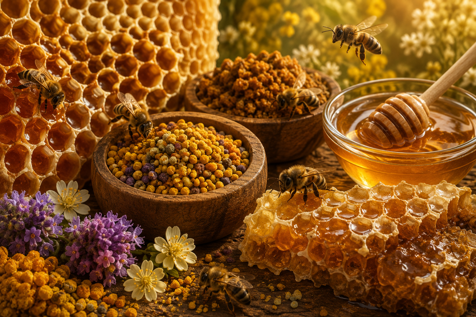 Honeycomb, pollen, honey, flowers and bees representing the dietary environment that reaches the bee gut
