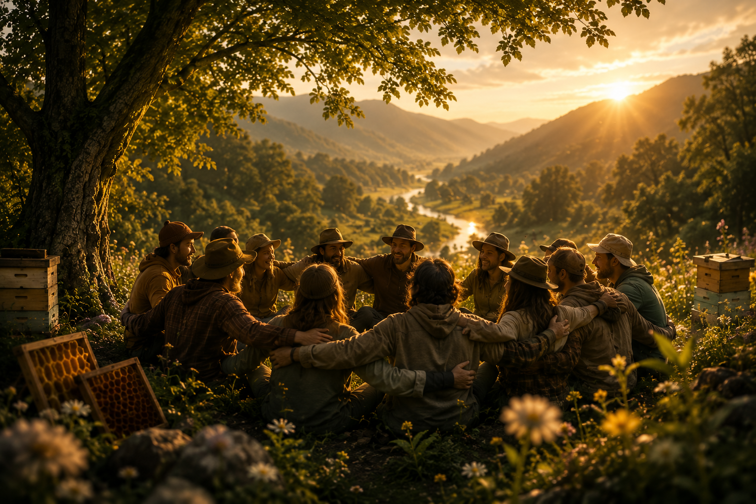 A community gathering together in a green mountain landscape