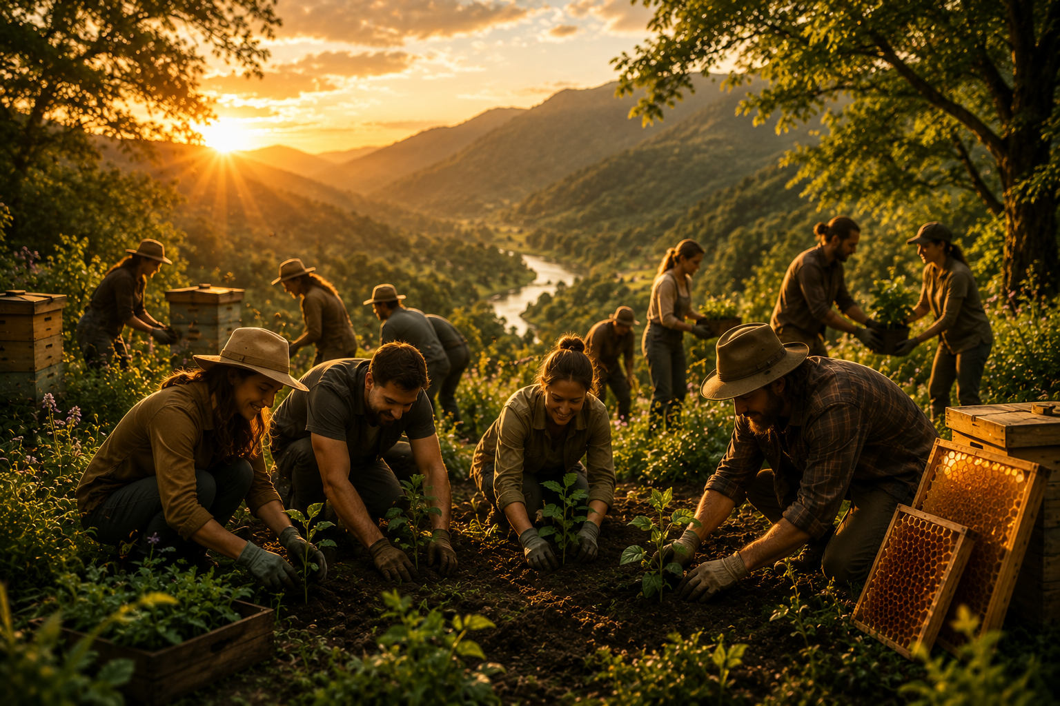 Volunteers planting together in a living mountain landscape