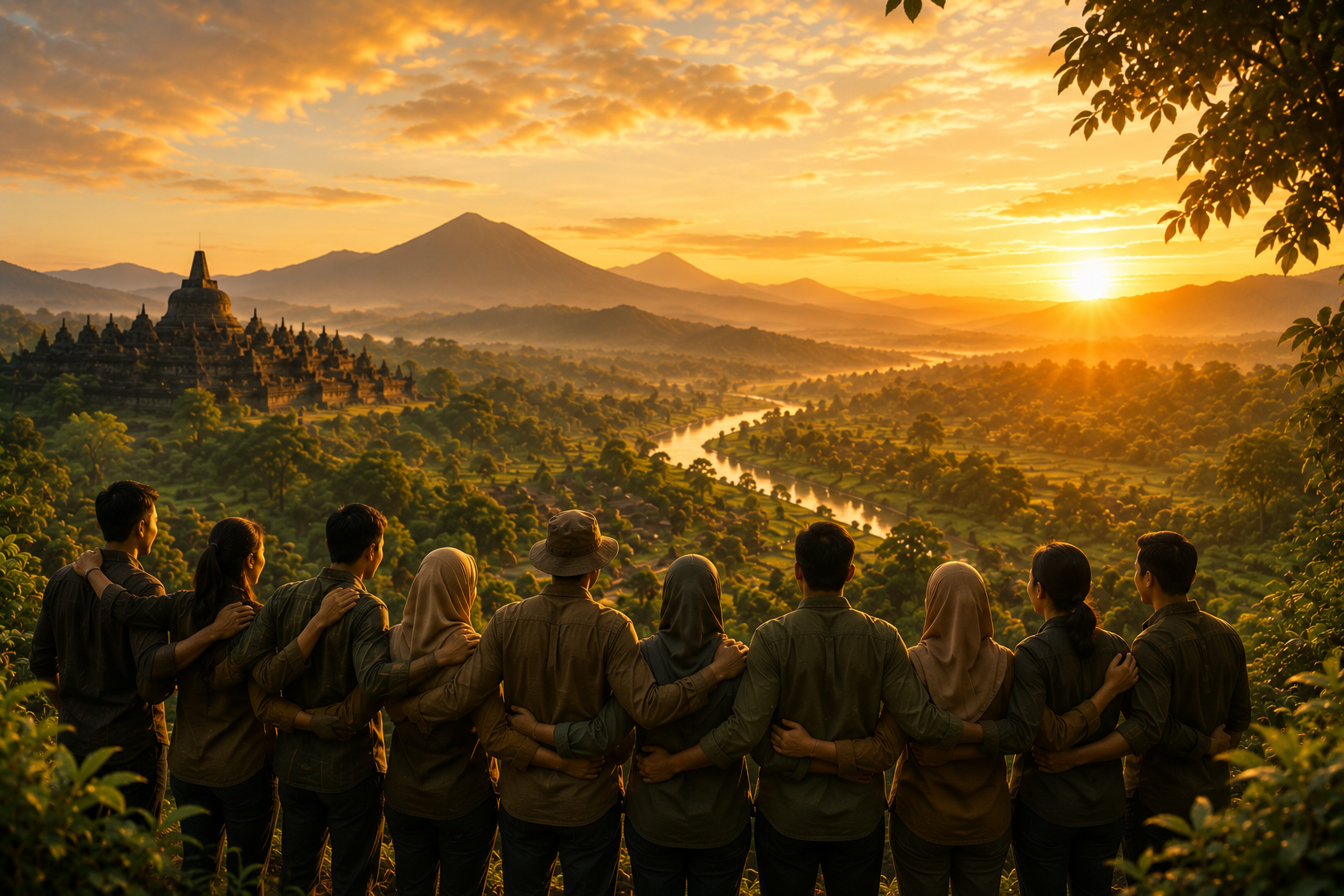 A community standing together above a green valley