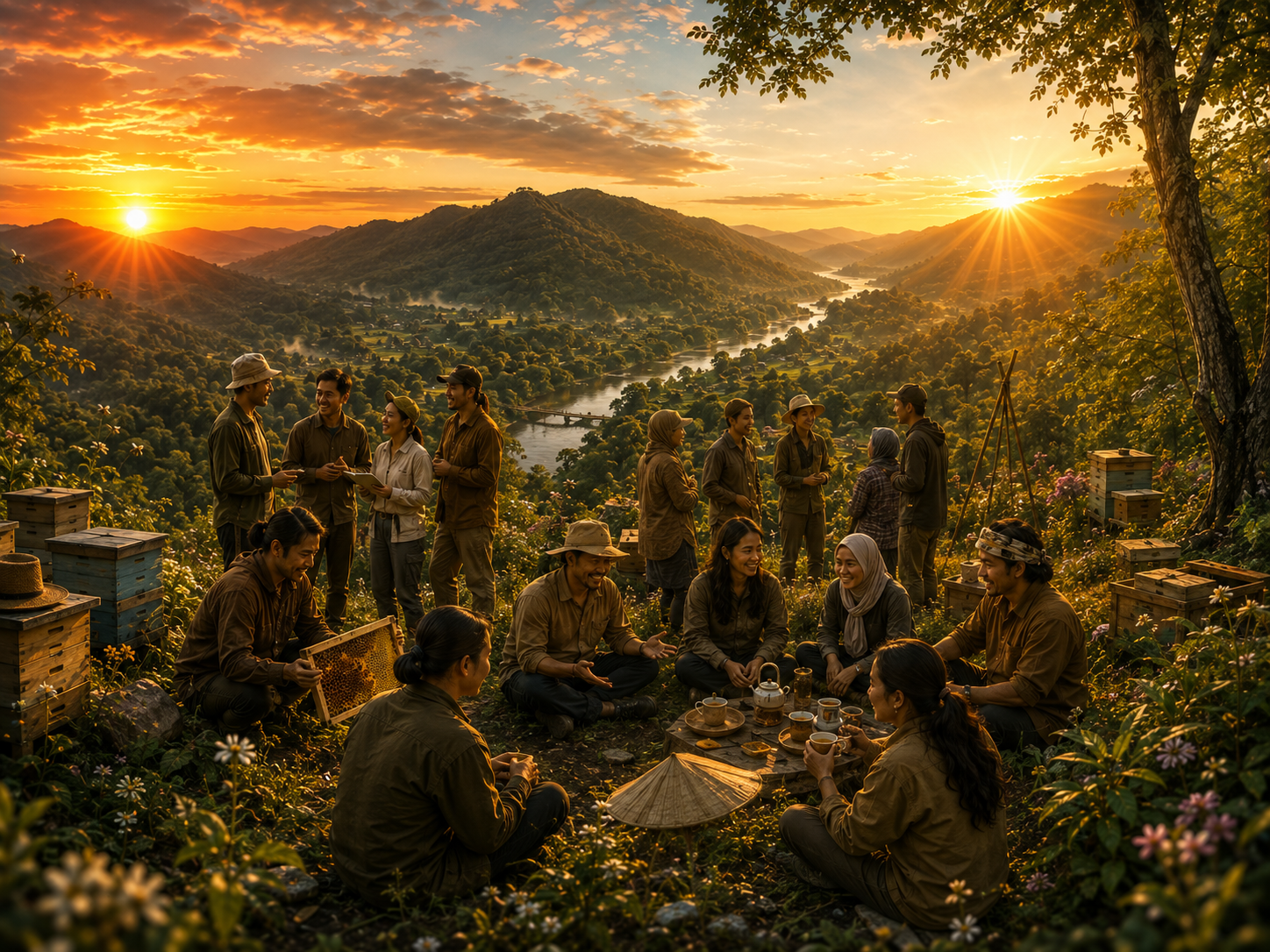 A Southeast Asian community gathering in a mountain valley with beehives