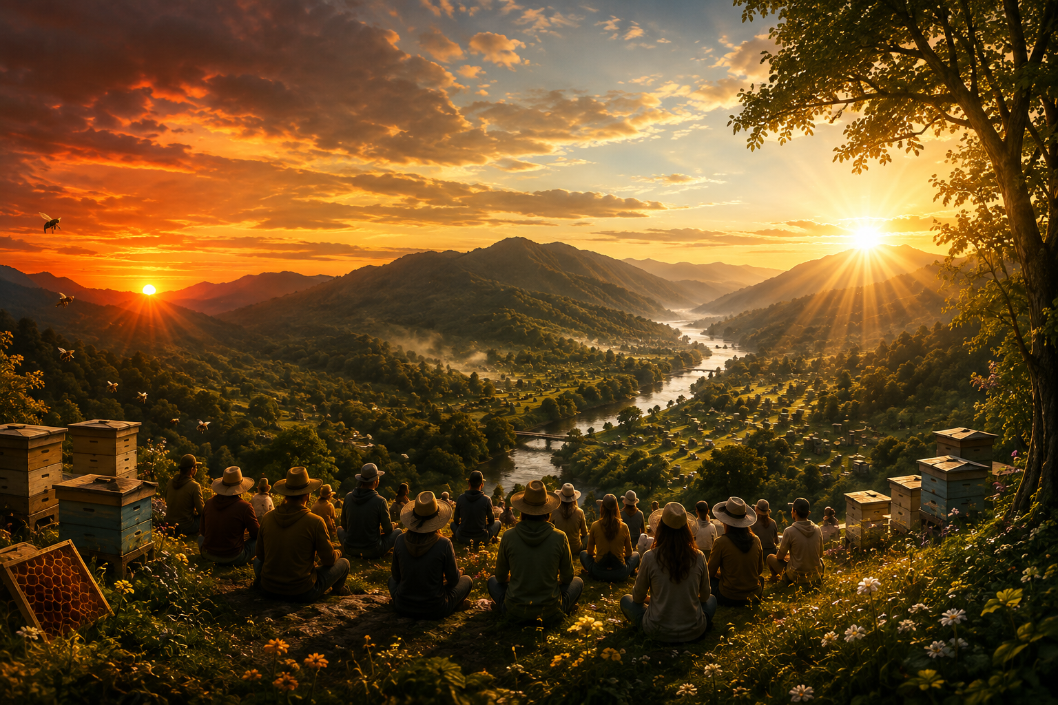 A community overlooking a living river valley surrounded by beehives and forest