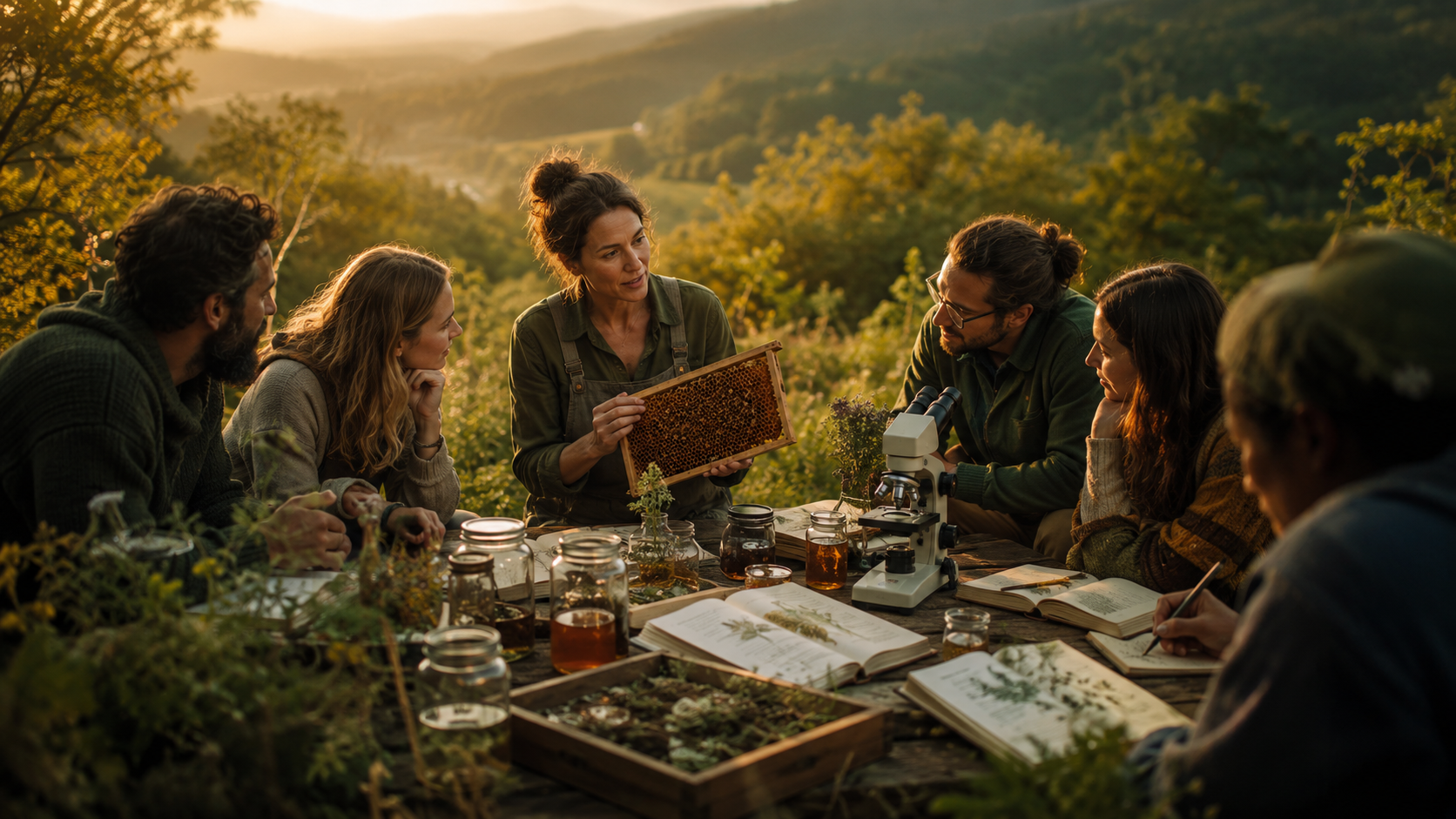 A small outdoor group studying a honeycomb with books, specimens and a microscope