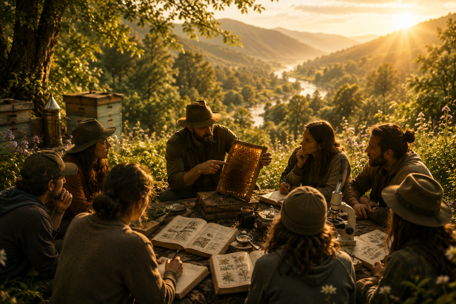 People learning together during an outdoor beekeeping and nature workshop