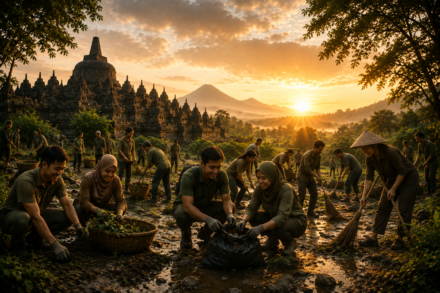 Southeast Asian volunteers working together near a historic temple landscape