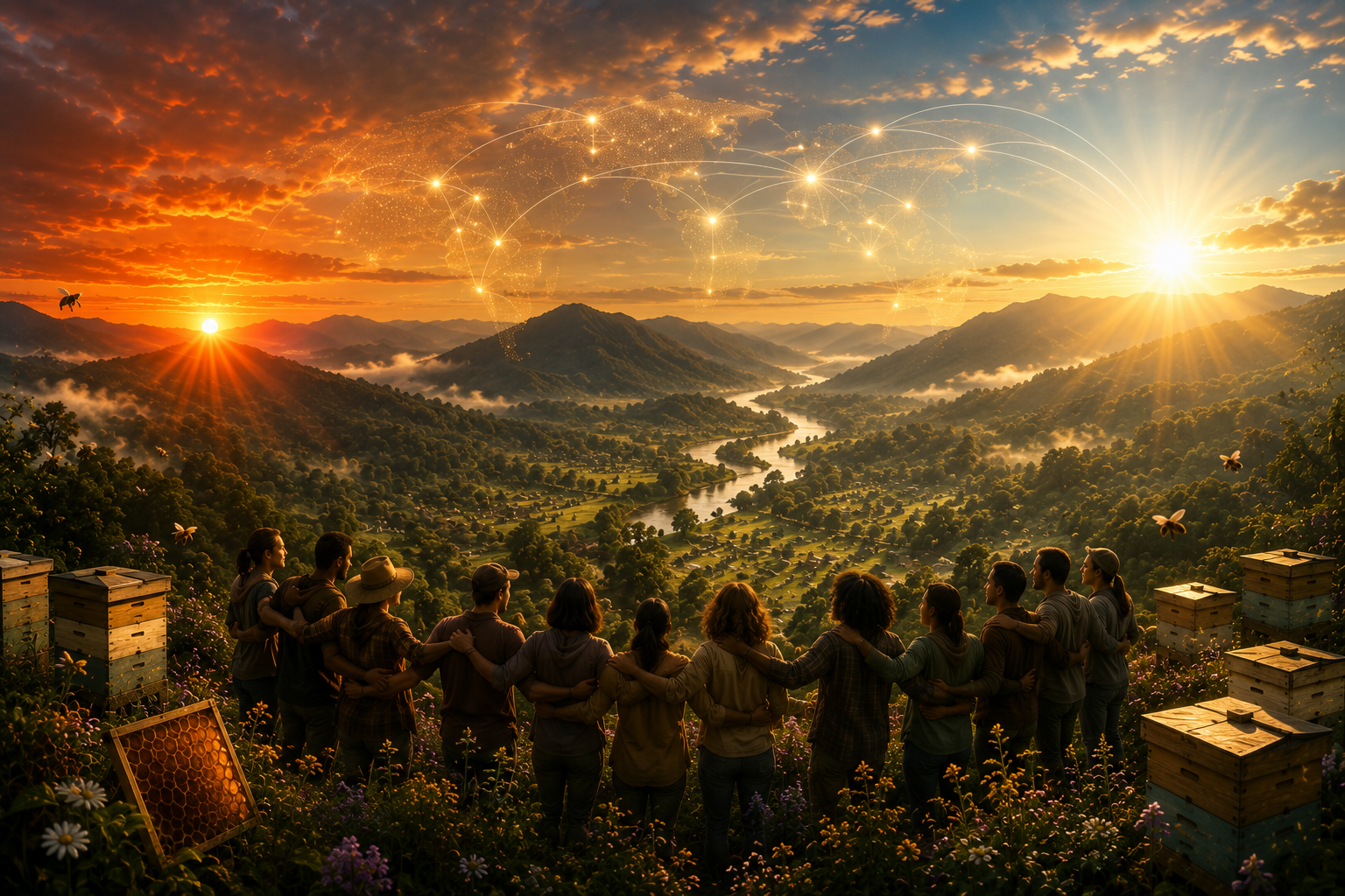 A connected community overlooking a wide valley beneath a luminous global network