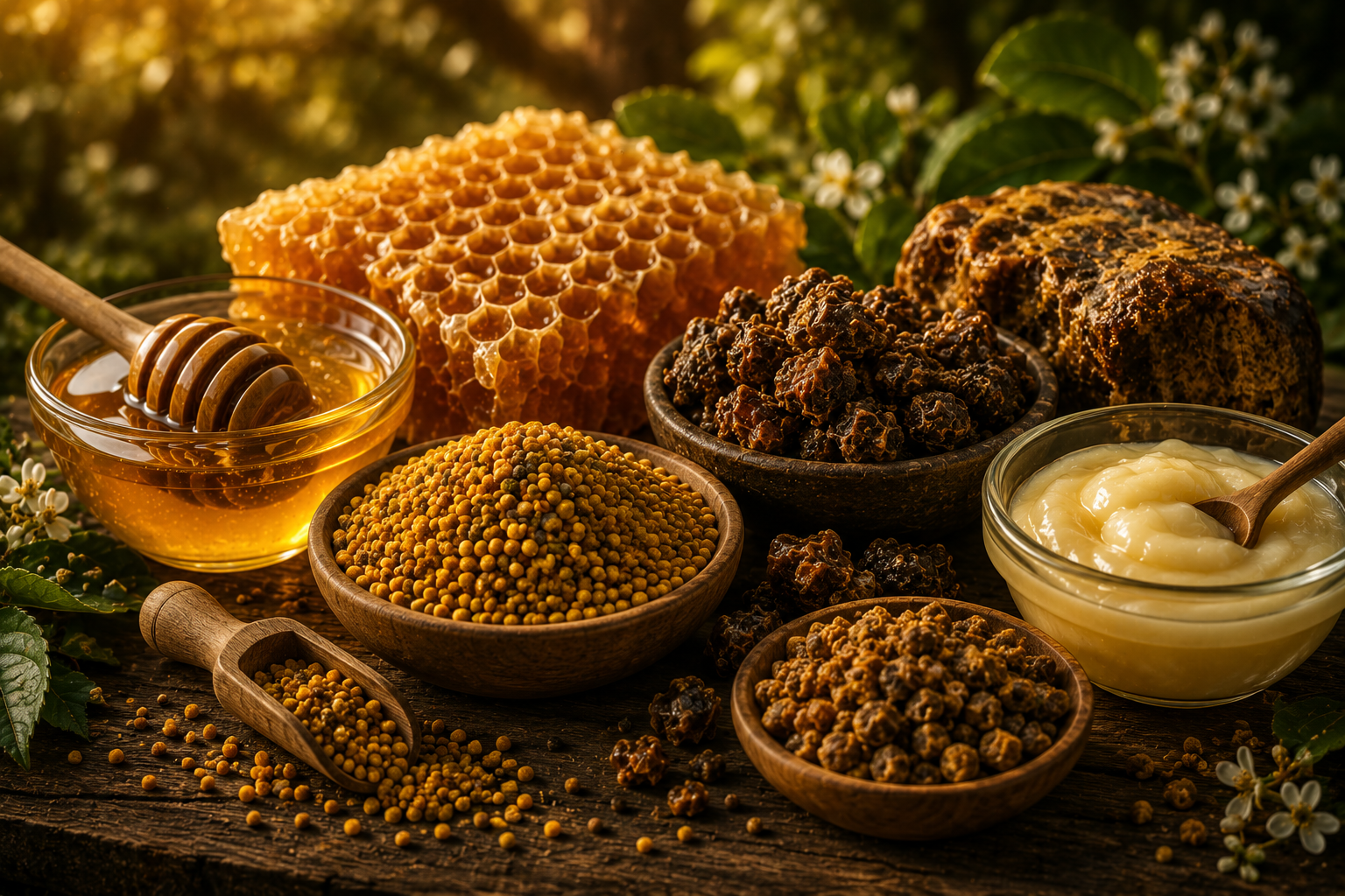 Honey, pollen, propolis, royal jelly, bee bread and honeycomb