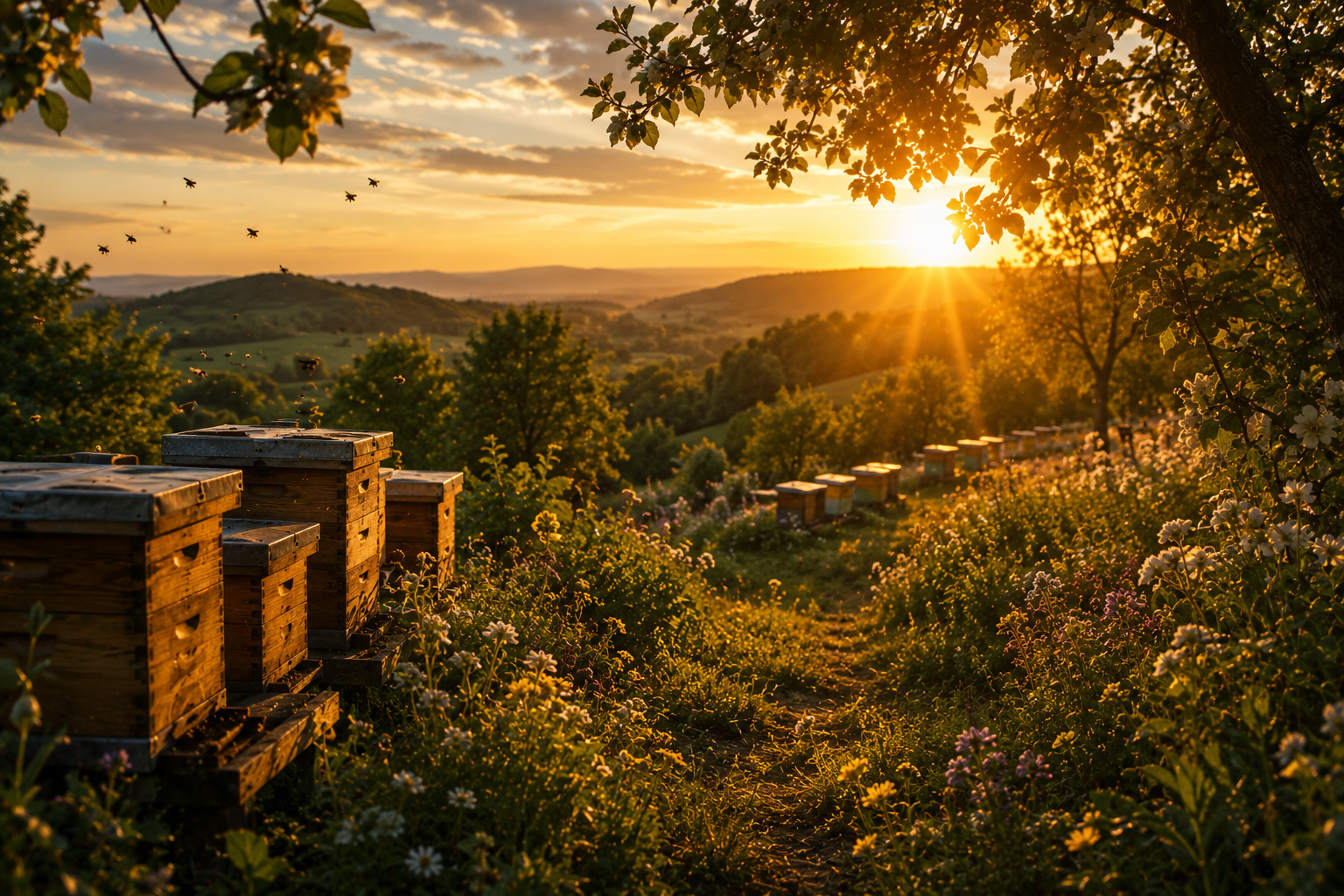 Beehives among wildflowers at golden hour