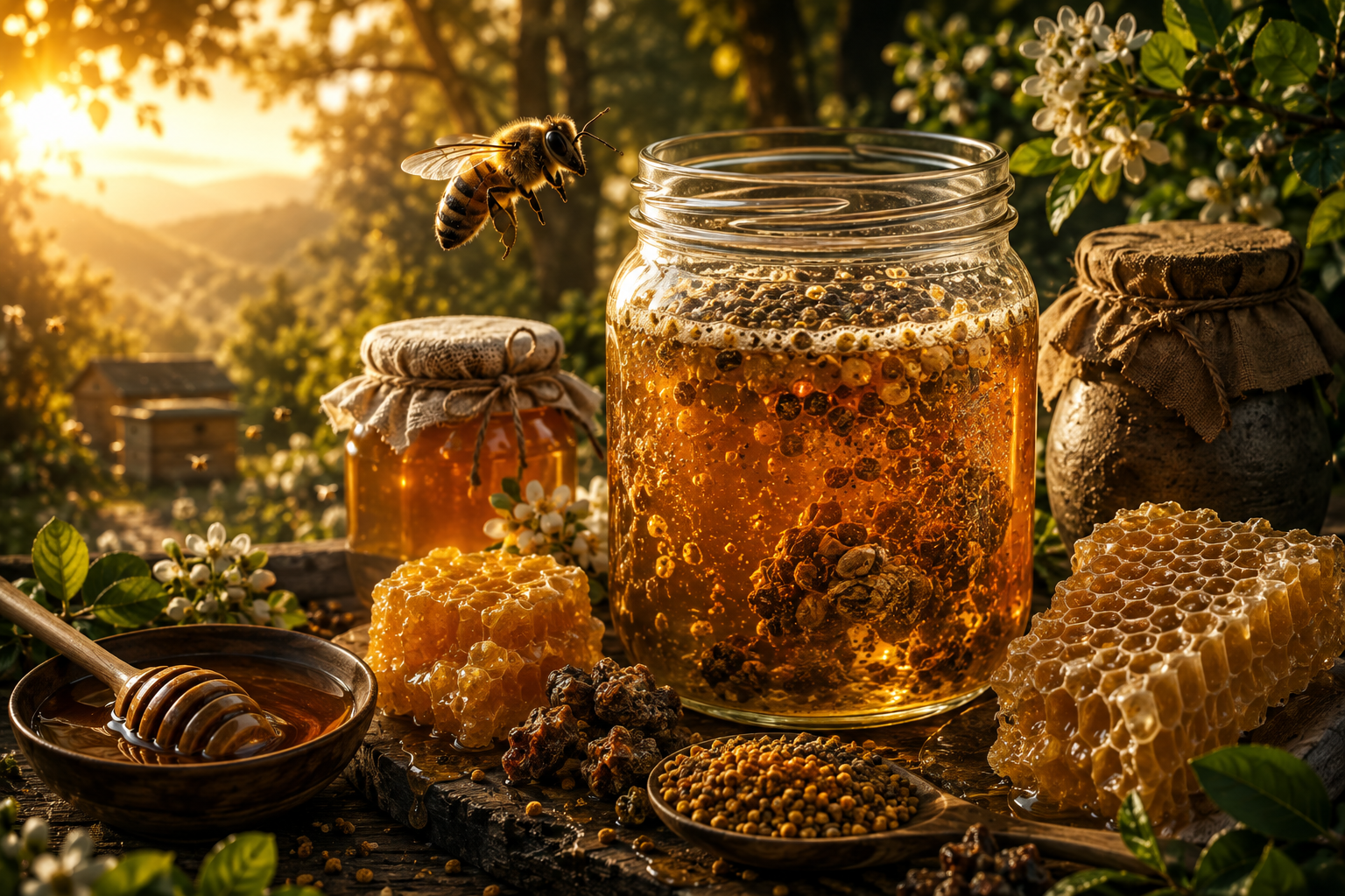 Honey bee, honeycomb and active honey fermentation jars in a warm natural setting
