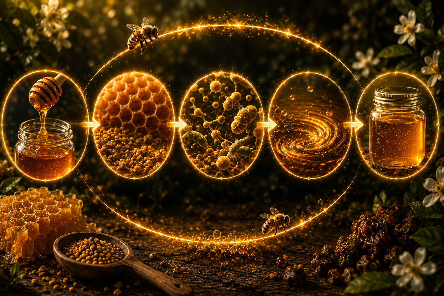 Visual sequence of honey moving through five stages of transformation