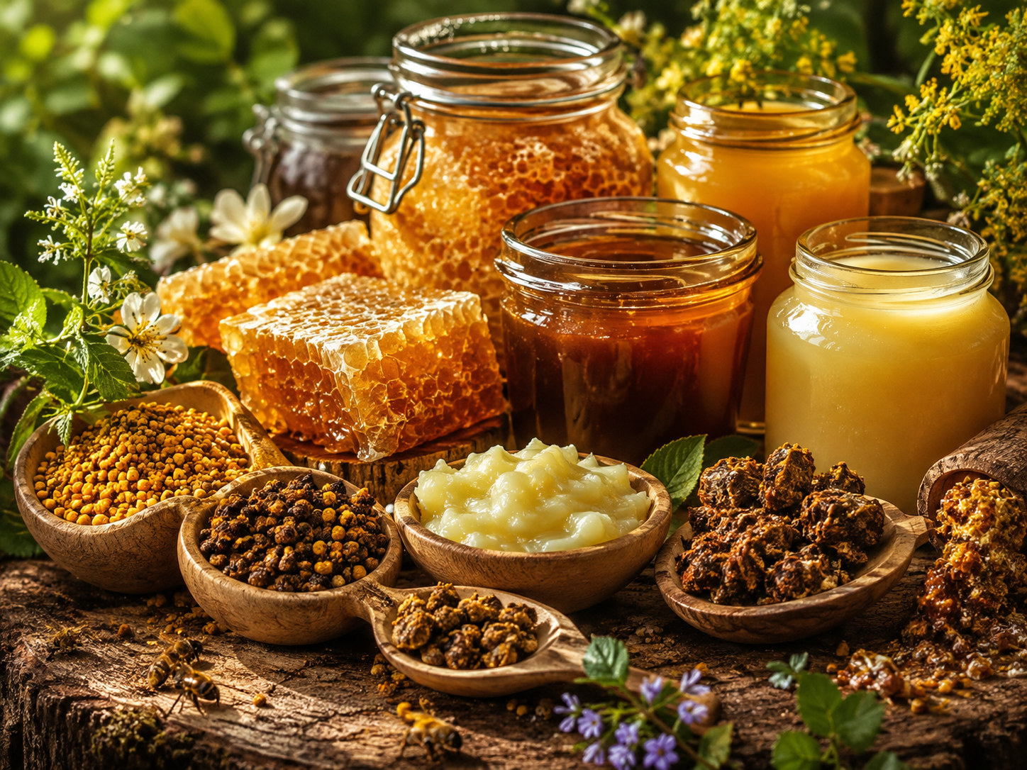Bee-derived foods, honeycomb and fermented honey preparations in a botanical setting