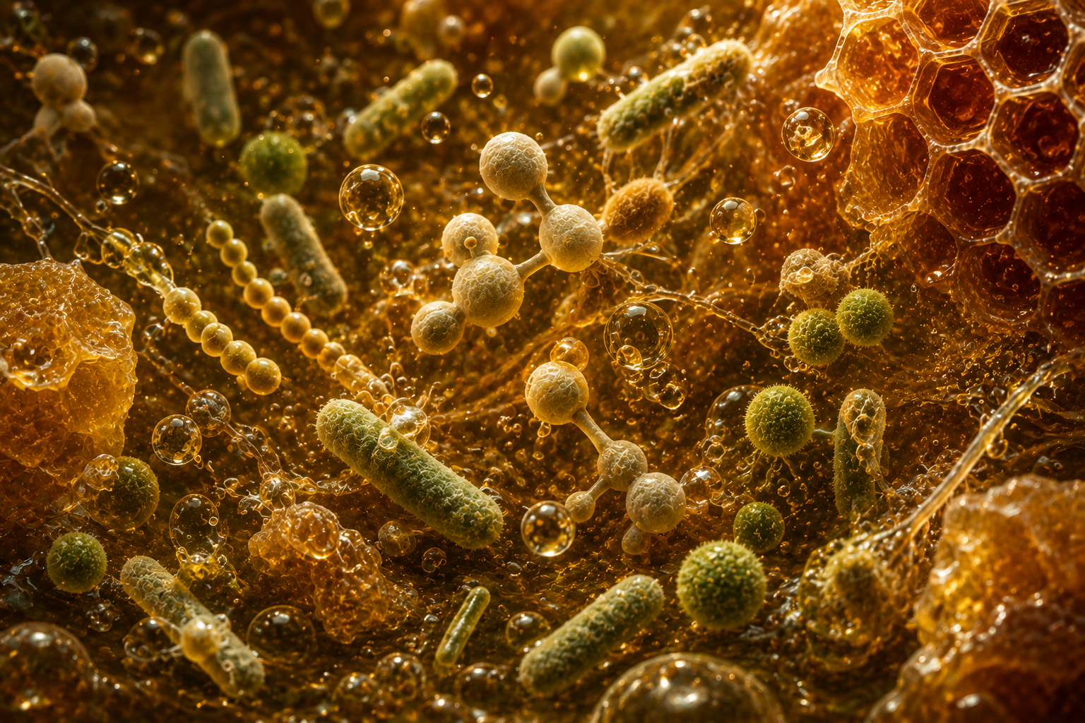 Conceptual microscopic view of microorganisms suspended within an amber fermentation matrix