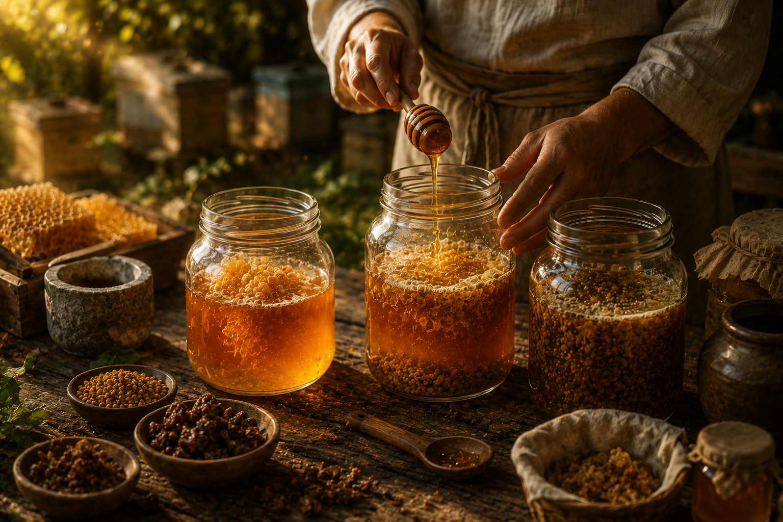 Hands preparing jars of honey and bee-derived ingredients for a controlled fermentation process