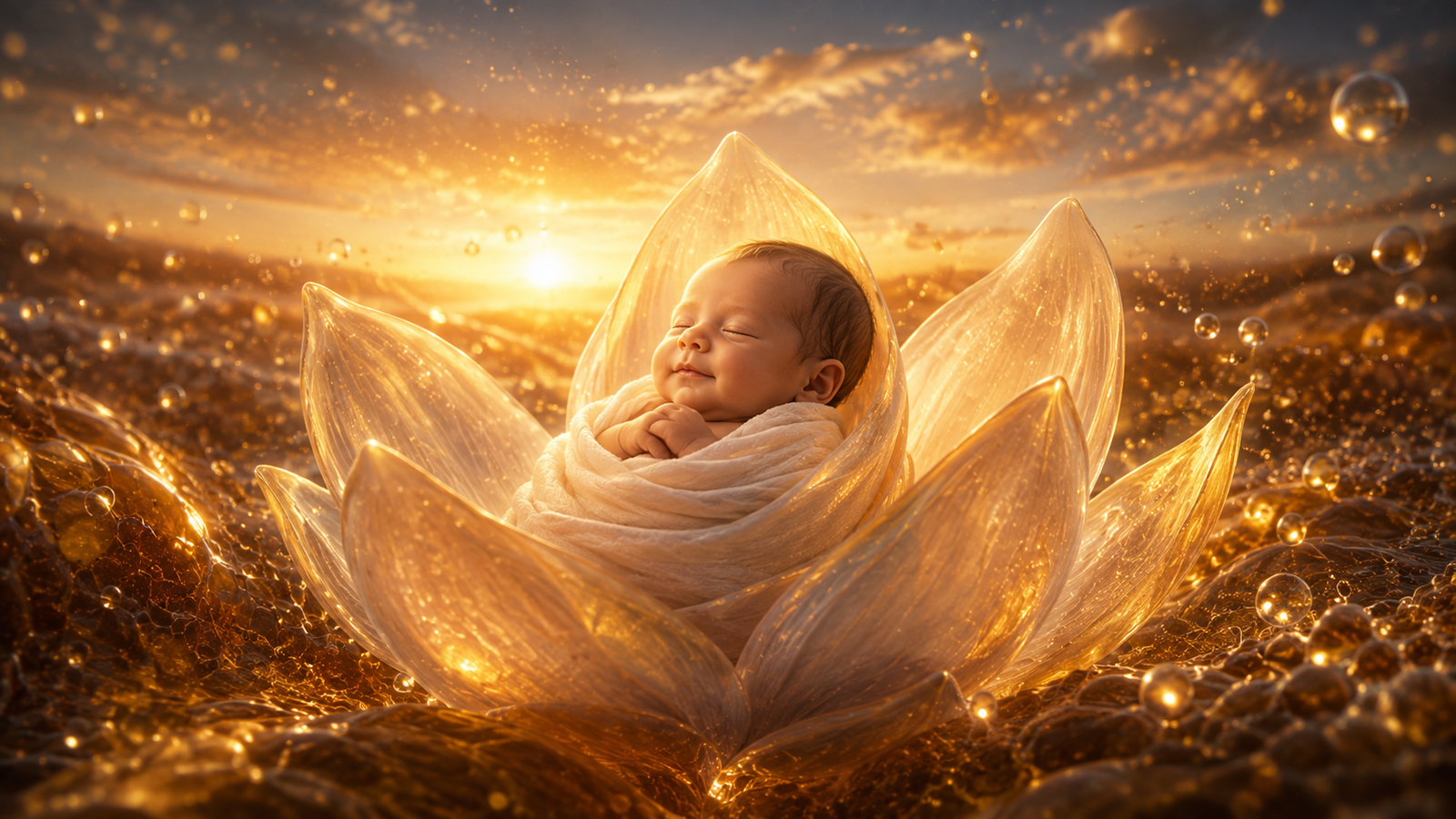 A newborn in warm early light representing the Human perspective of Awaken.