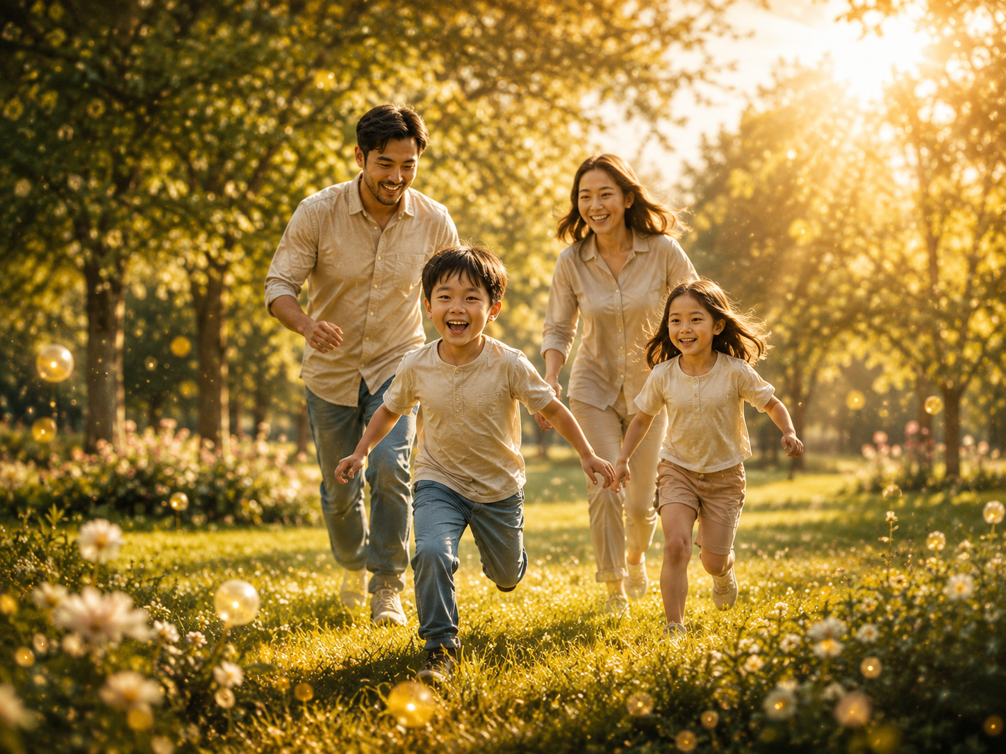 A family running together through a sunlit meadow, representing active human growth, relationship and participation.