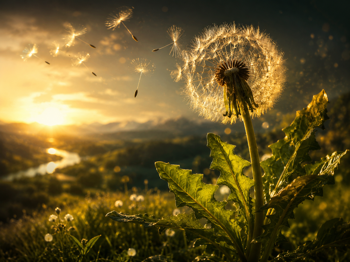 A mature seed head in golden light with completed seeds at the threshold of dispersal.