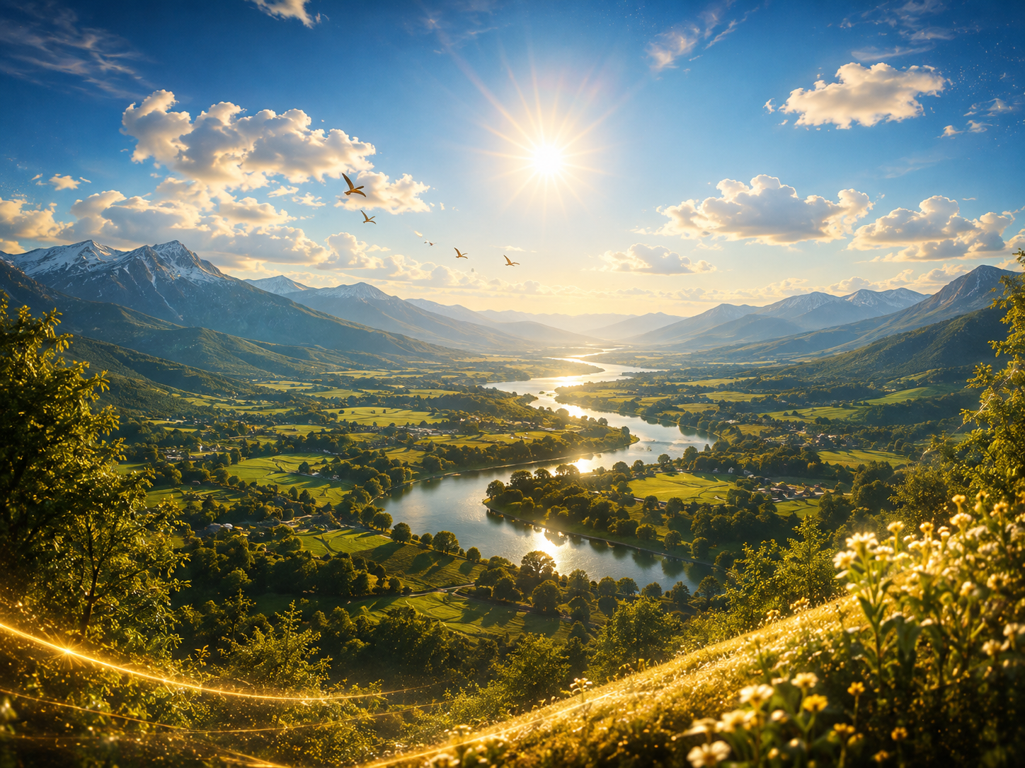Bright active daylight over a river valley, mountains and living landscape.