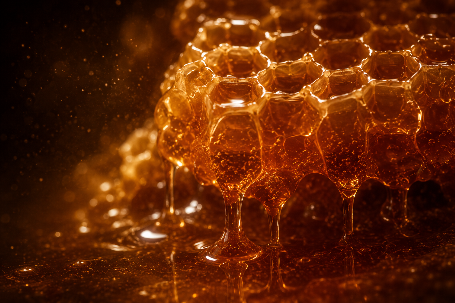 Amber honeycomb filled with mature honey representing the MICROBA perspective of Dormancy.