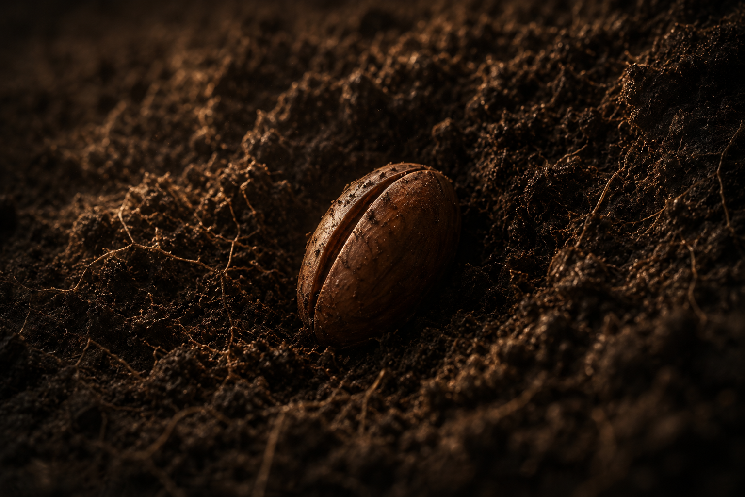 An intact seed resting in dark soil representing the Plant perspective of Dormancy.