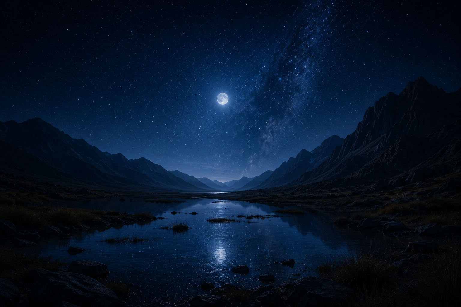 A deep blue star-filled Isyak night over a quiet mountain landscape representing the Universe perspective of Dormancy.