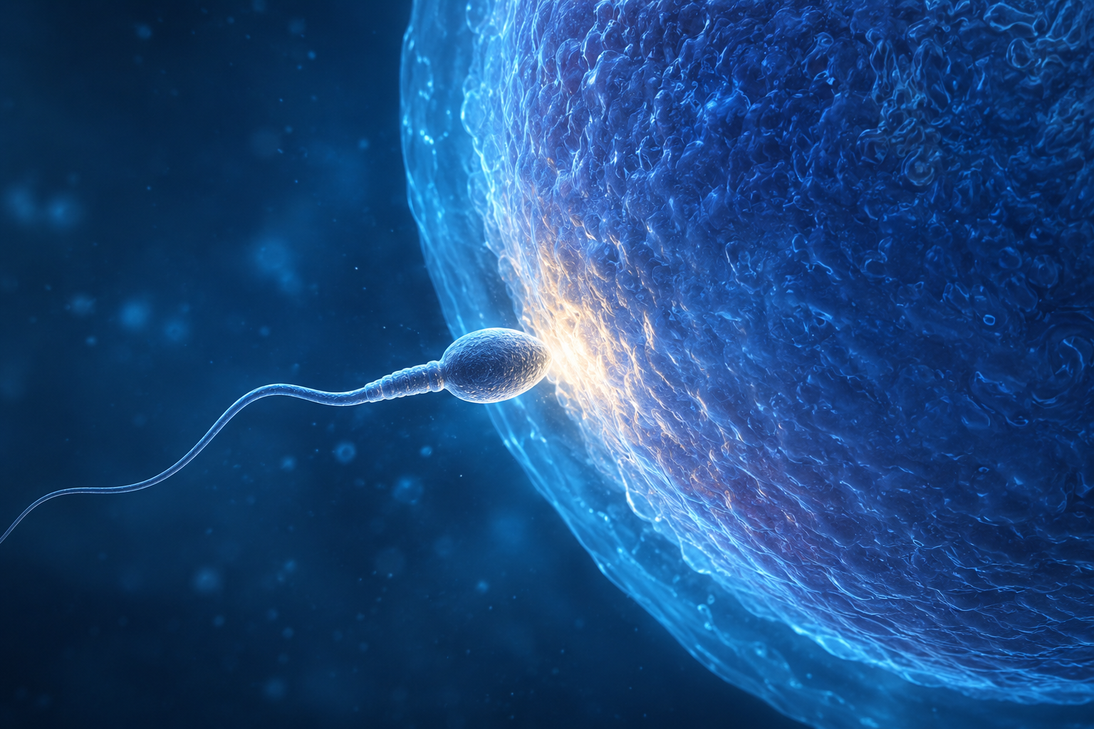 A sperm cell approaching an ovum in a deep blue microscopic environment representing the Human perspective of Transition.