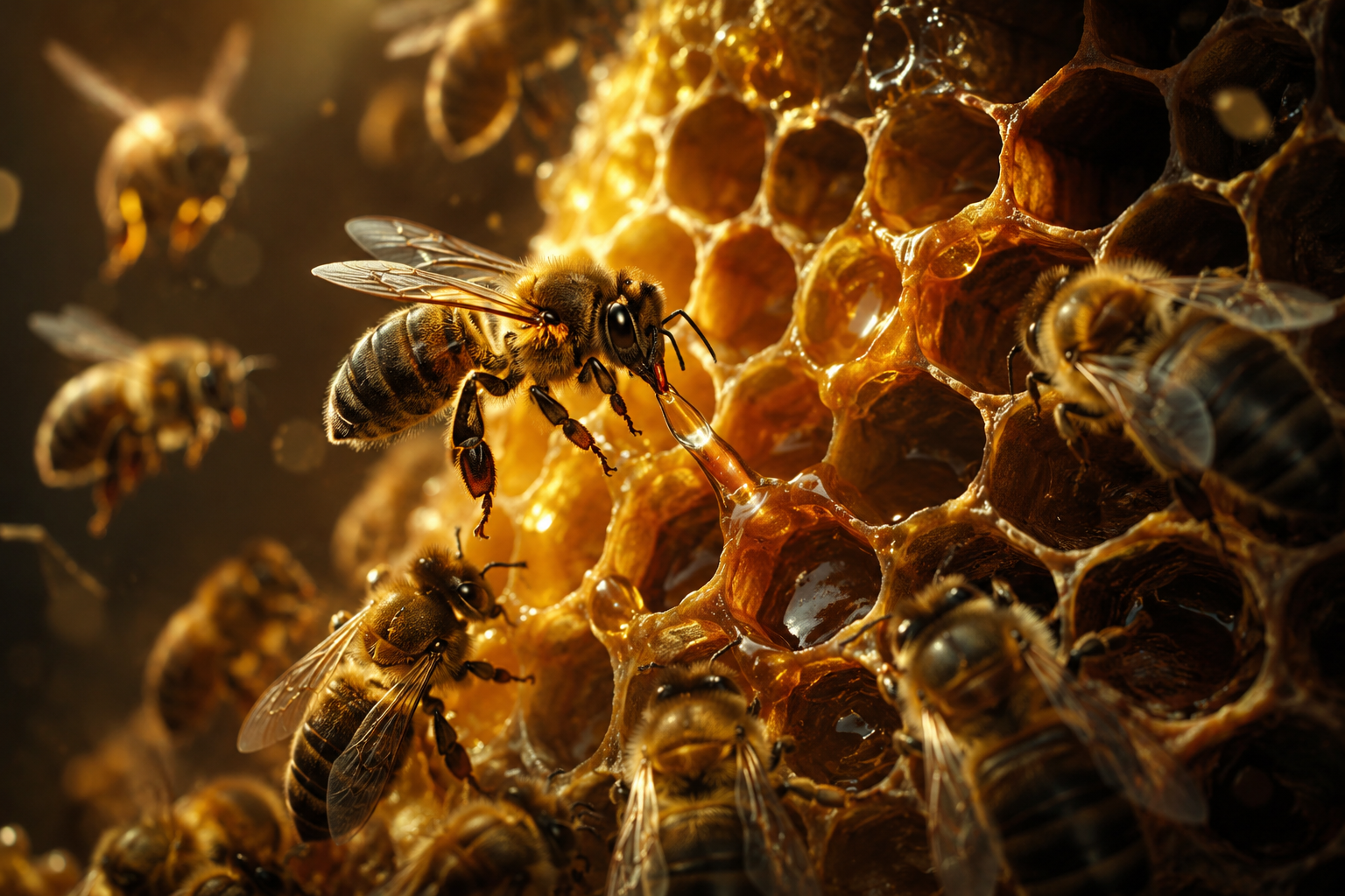 Honeybees working around nectar-filled honeycomb representing the MICROBA perspective of Transition.