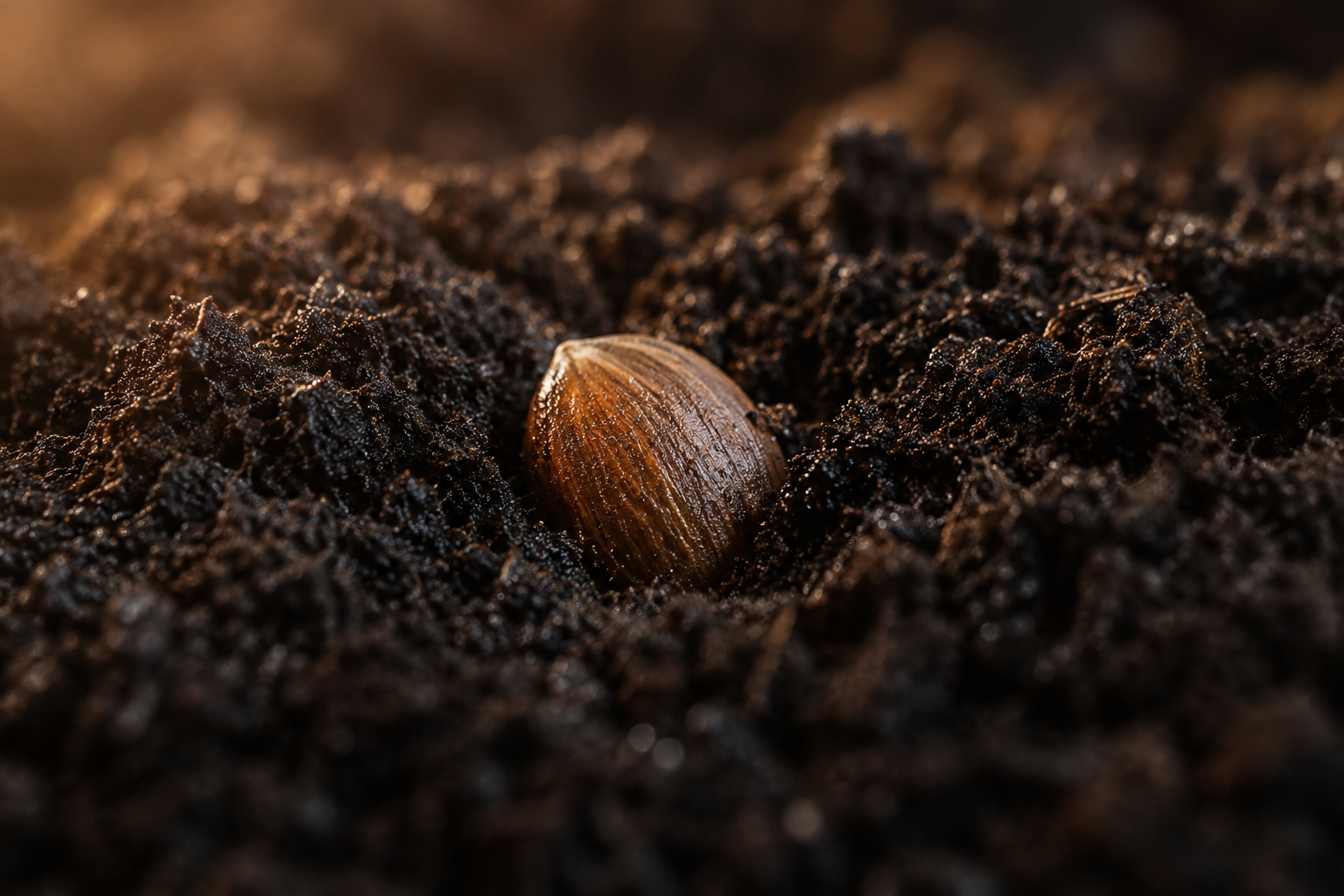 A seed settling into dark moist soil representing the Plant perspective of Transition.