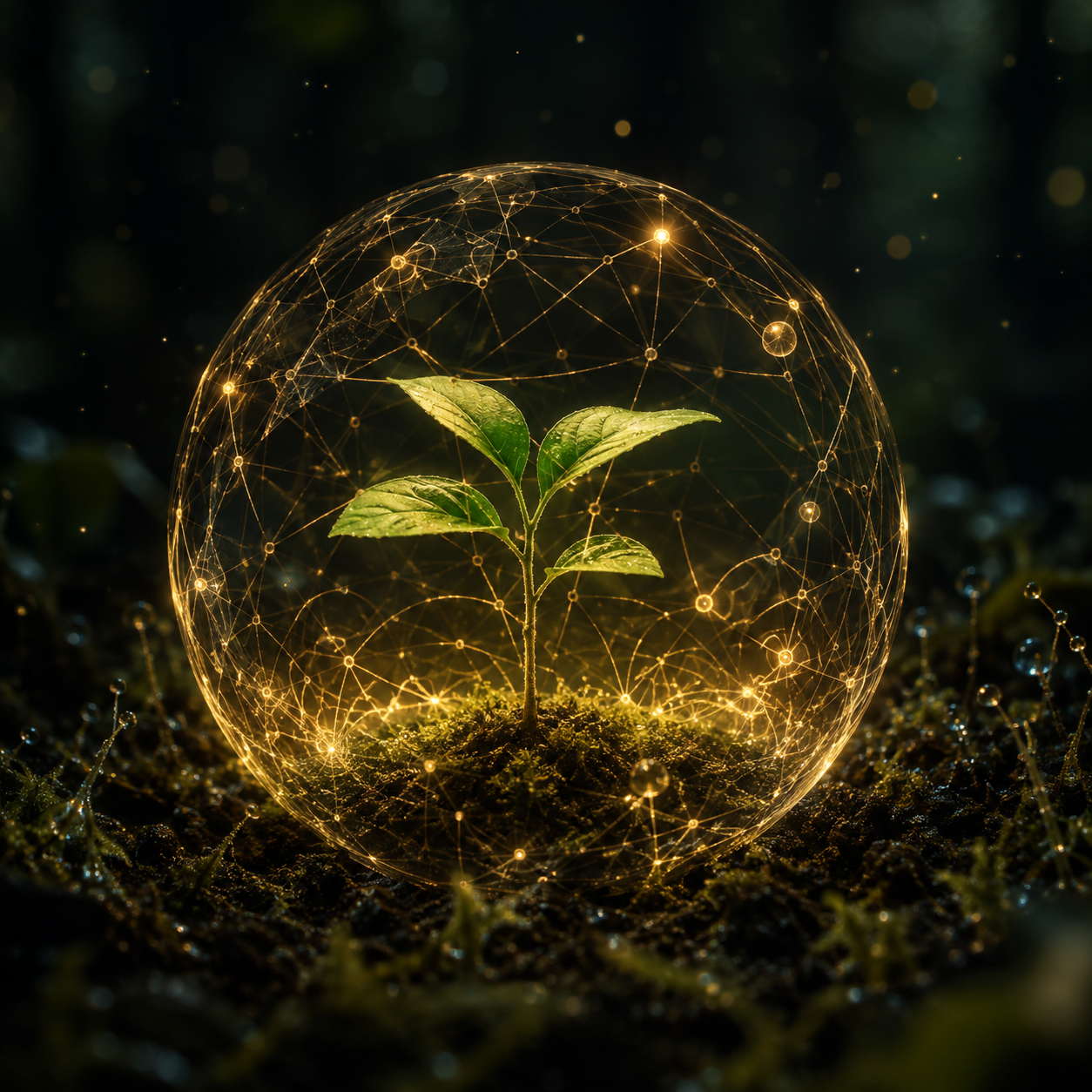 A young plant inside a luminous network sphere