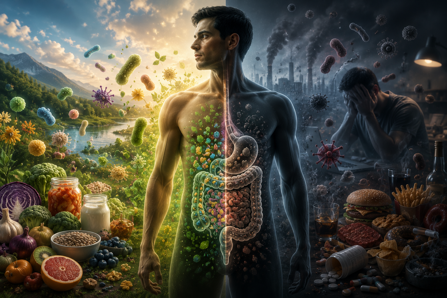 Conceptual split illustration contrasting different environmental and lifestyle contexts around a male body