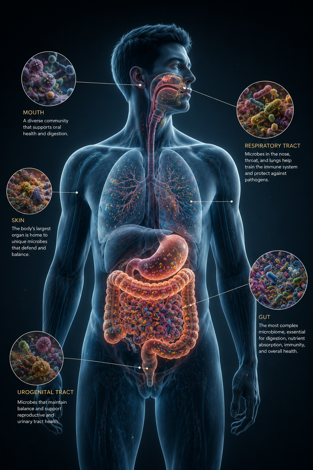 Illustrative male body map showing several microbiome habitats