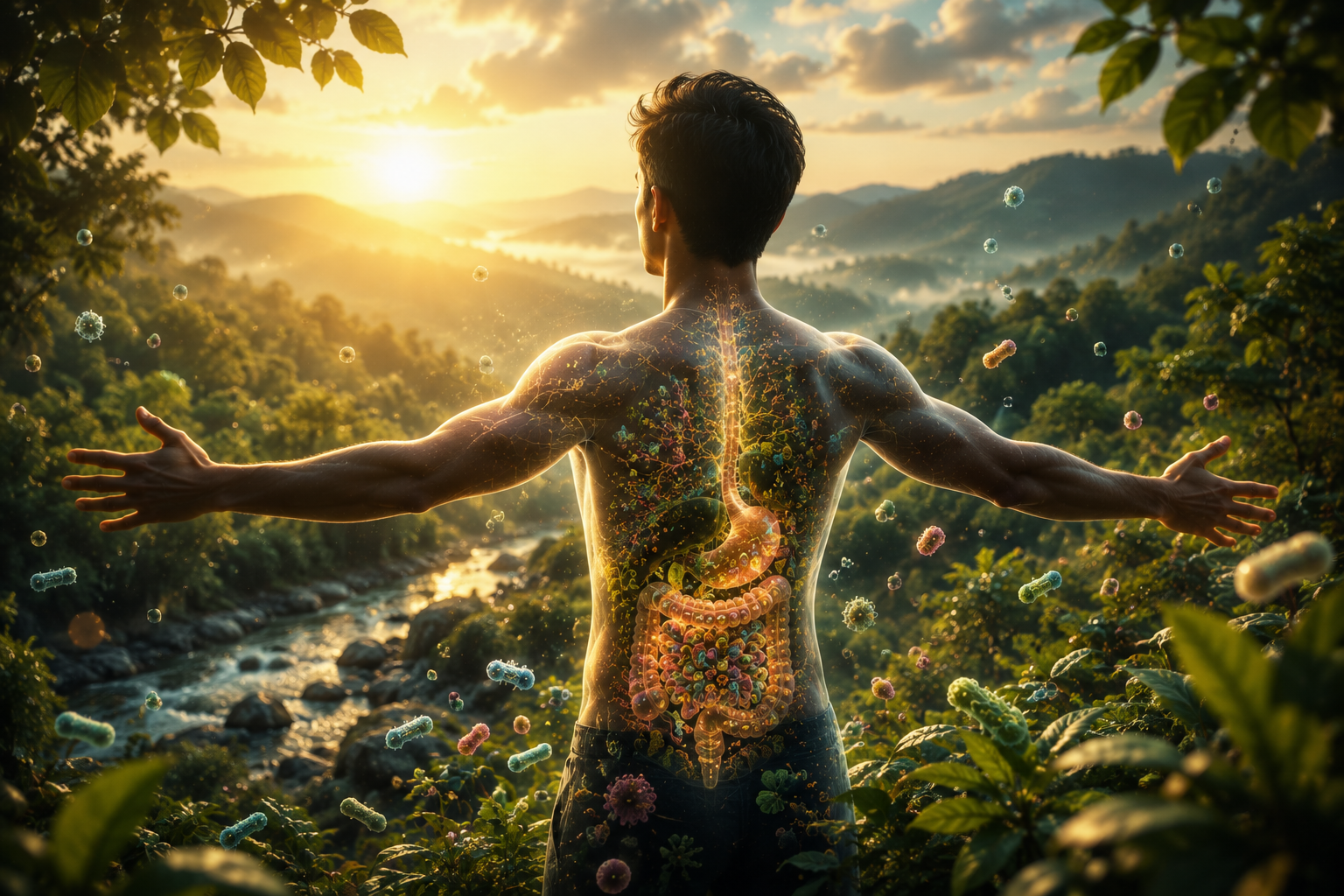 Male figure overlooking a natural landscape with a conceptual microbiome visualisation