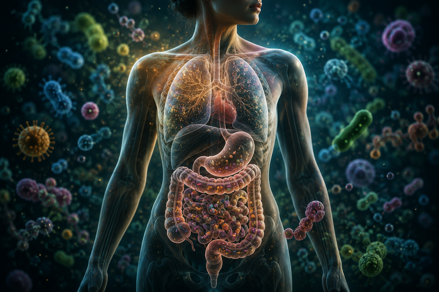 Illustrative translucent male torso revealing internal organs and microbial communities