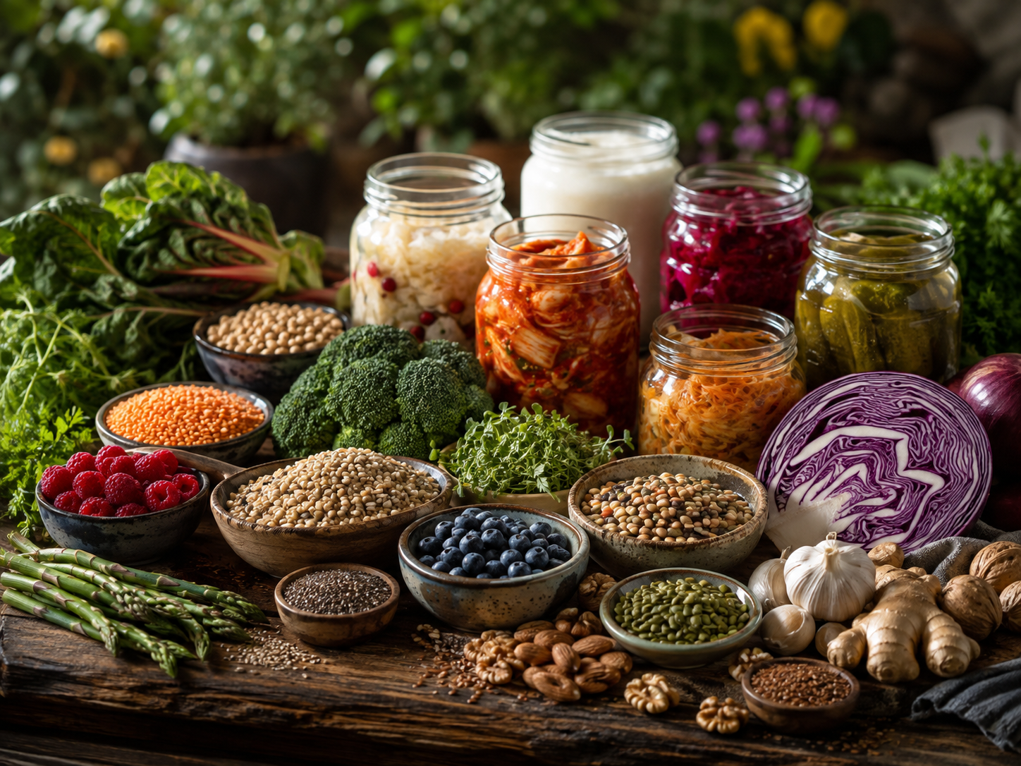 Fermented foods, vegetables, legumes, grains, seeds and other fibre-rich foods