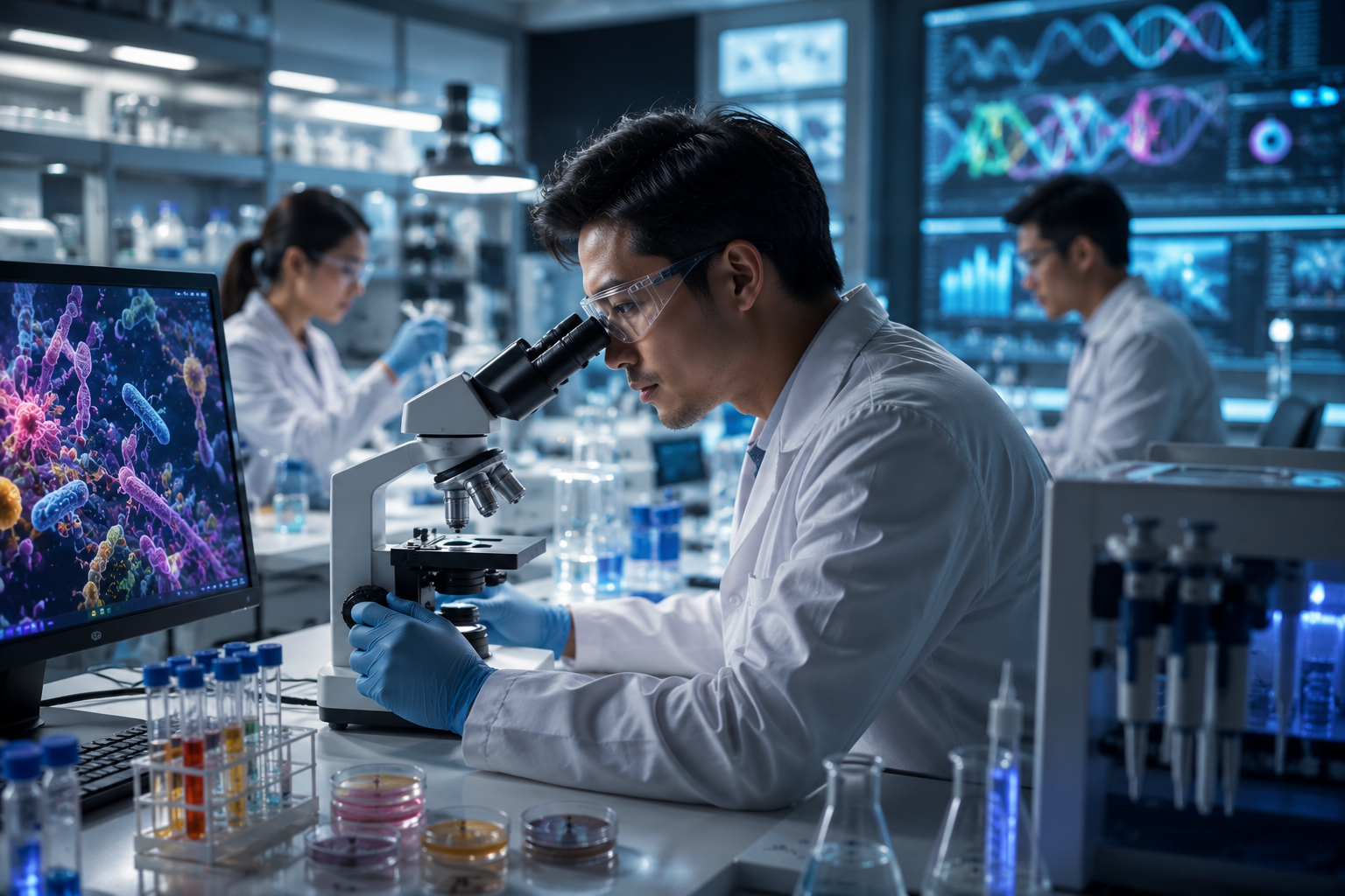 Asian researchers studying microbiome samples in a modern laboratory