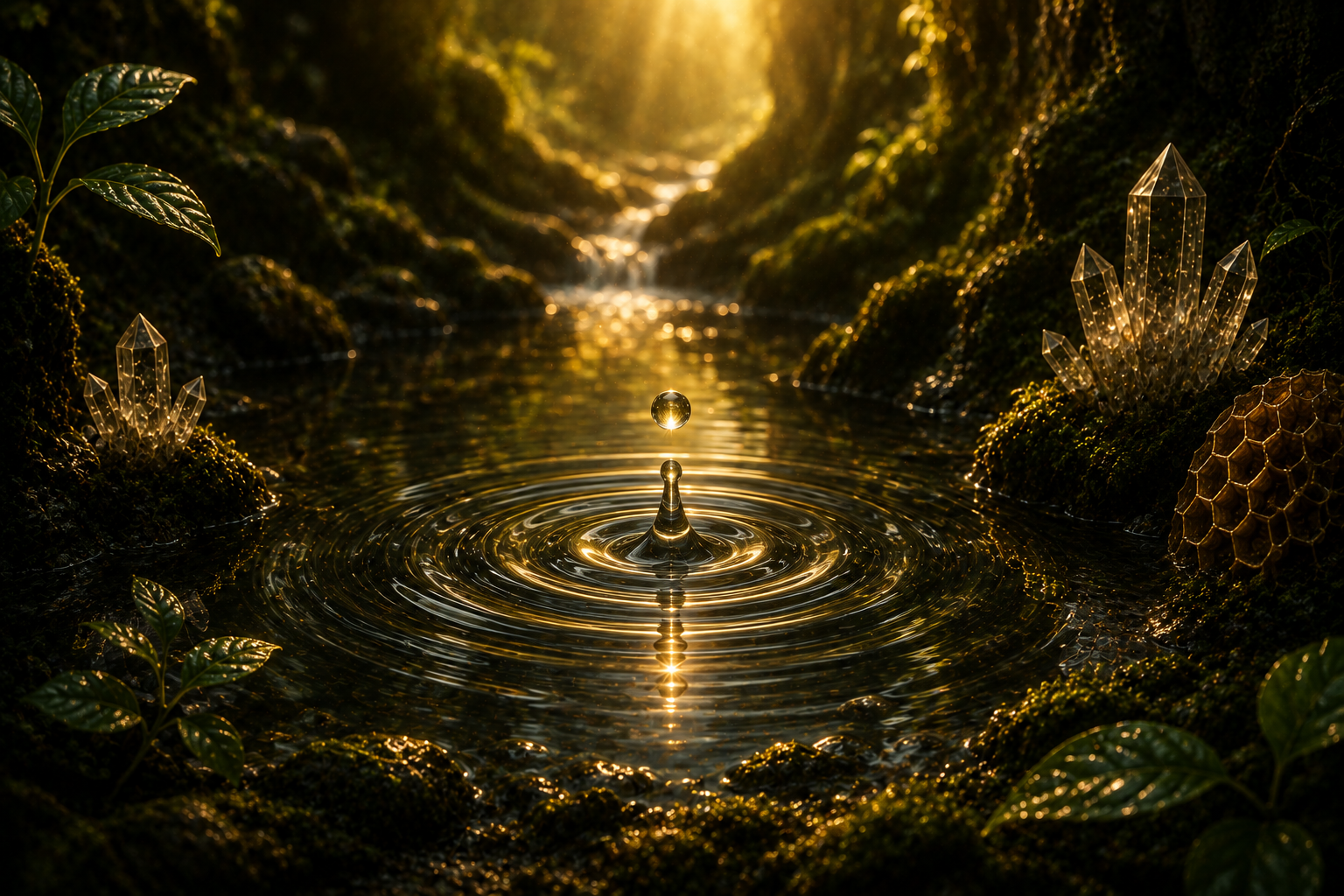 A suspended water droplet creating balanced concentric ripples in a forest pool
