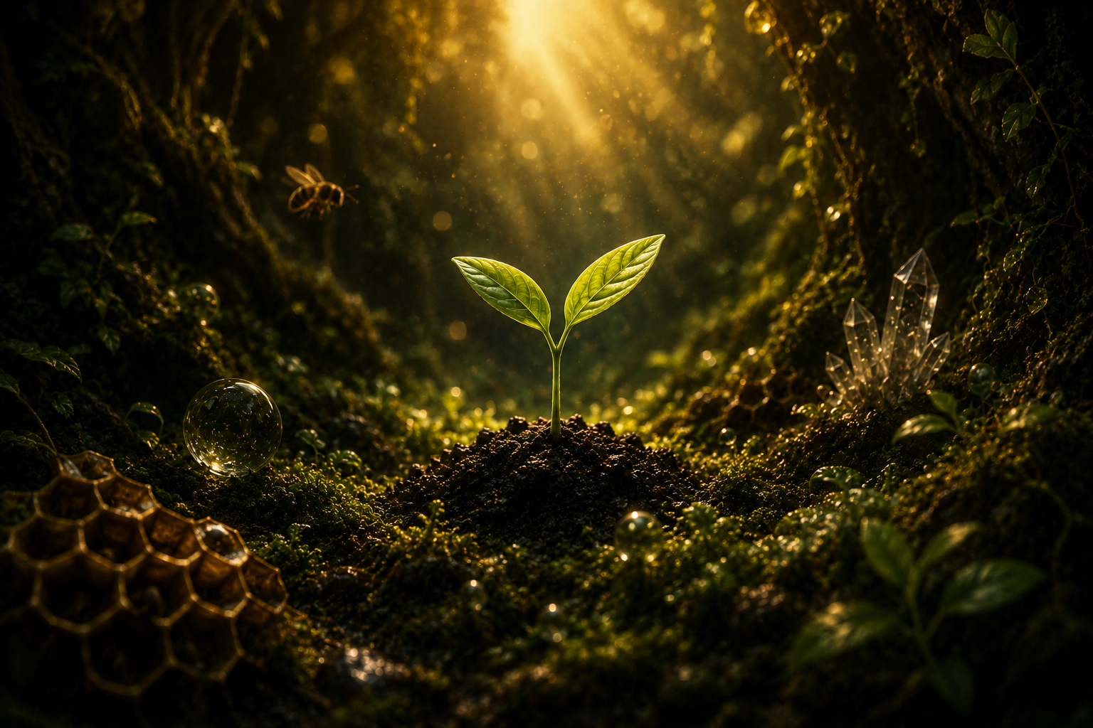 A young seedling emerging from living soil in warm forest light