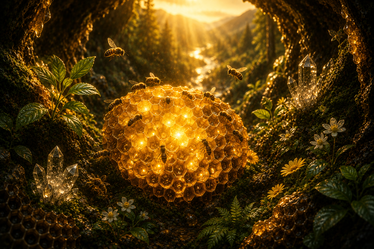 Bees gathering around a luminous honeycomb within a thriving natural ecosystem