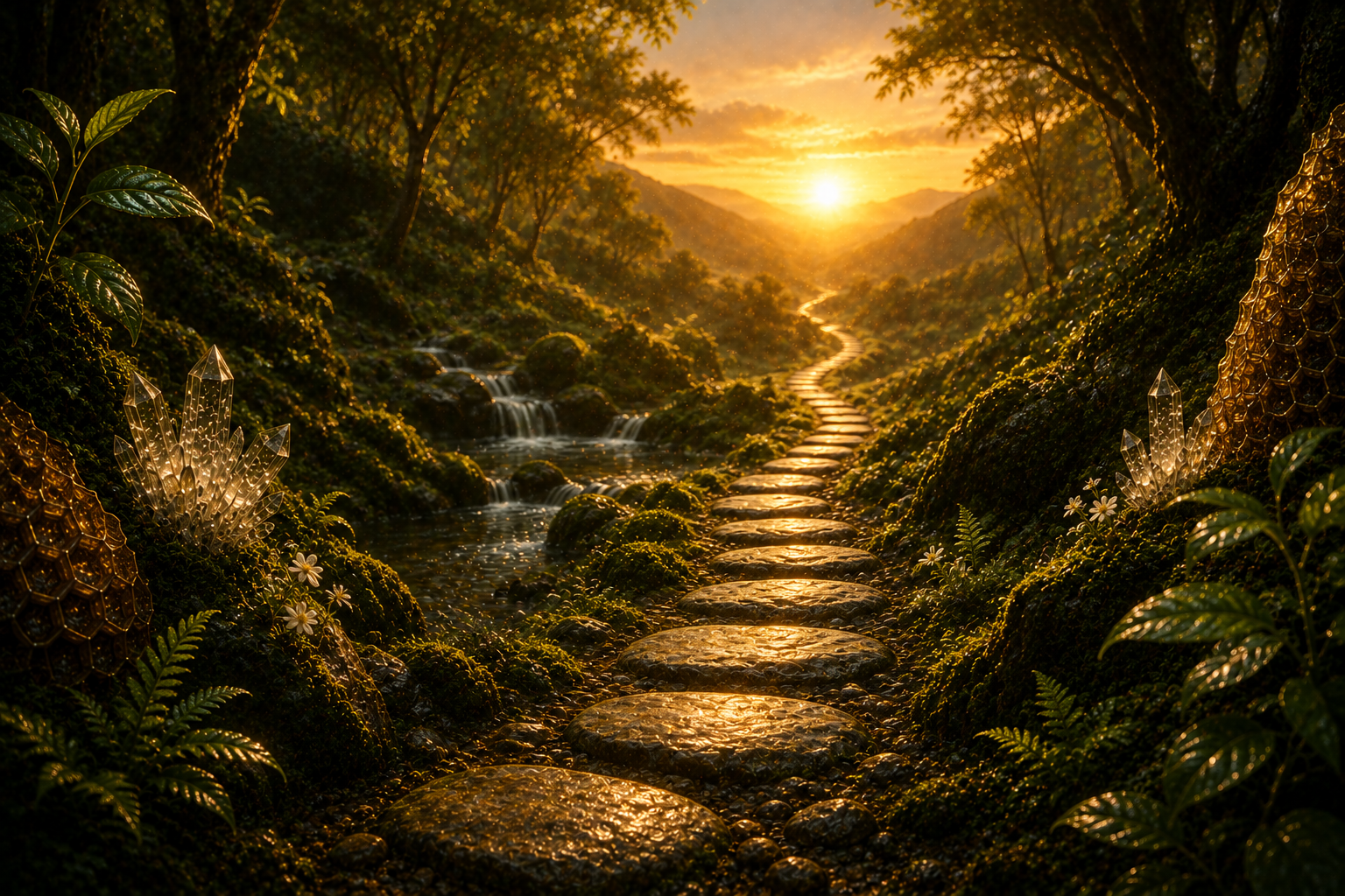 A golden forest path leading through a living valley