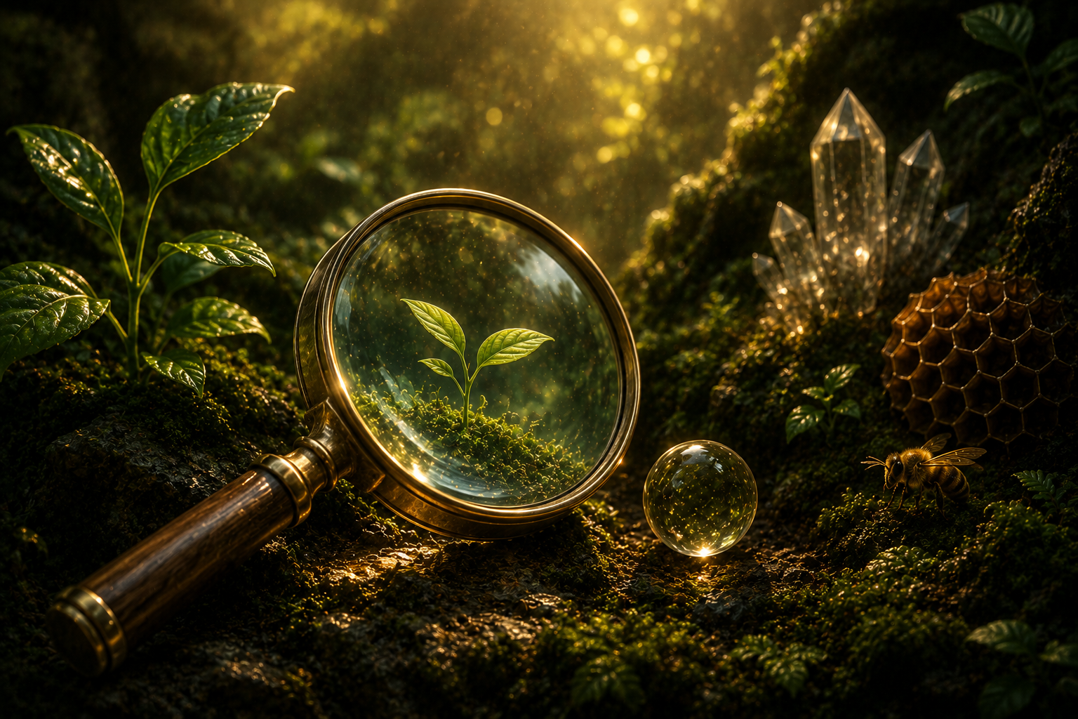 A magnifying glass revealing a seedling on a living forest floor
