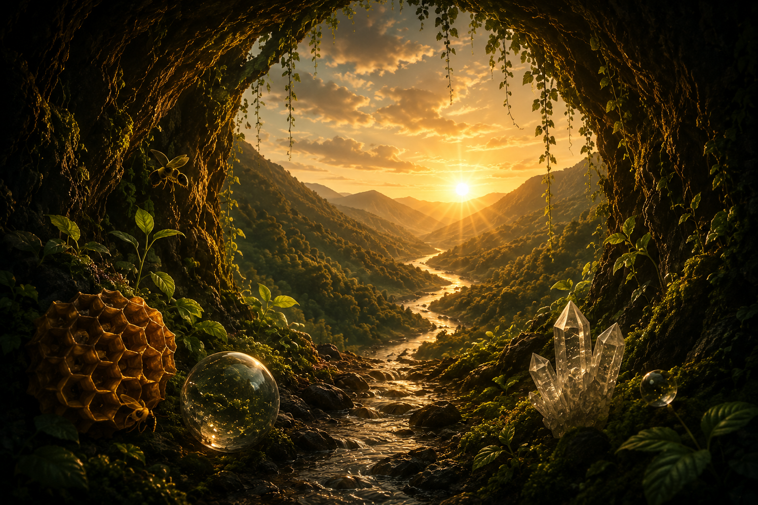 A cave opening toward a golden valley, river, crystals, honeycomb and living forest