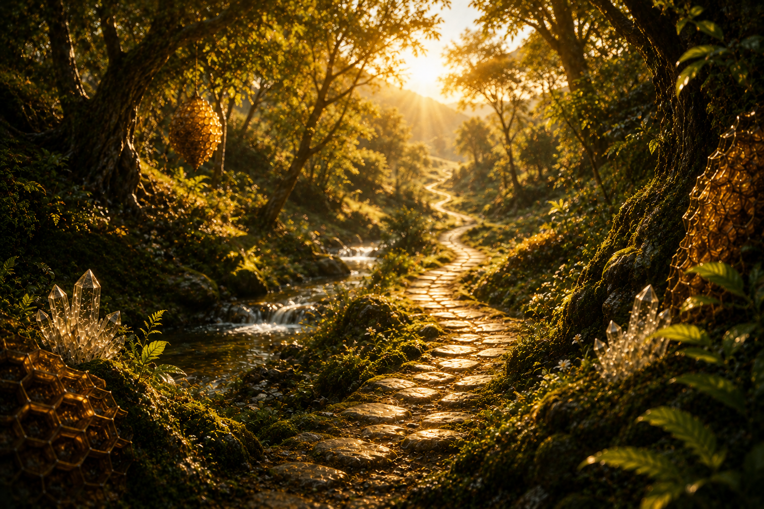 A winding living forest path beside water, crystals and honeycomb in golden light