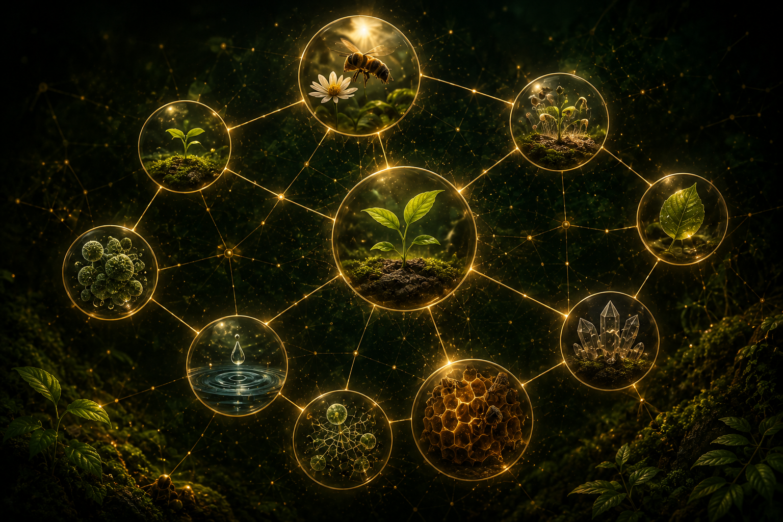 A luminous living network connecting plants, water, microbes, crystals, fungi, bees and honeycomb
